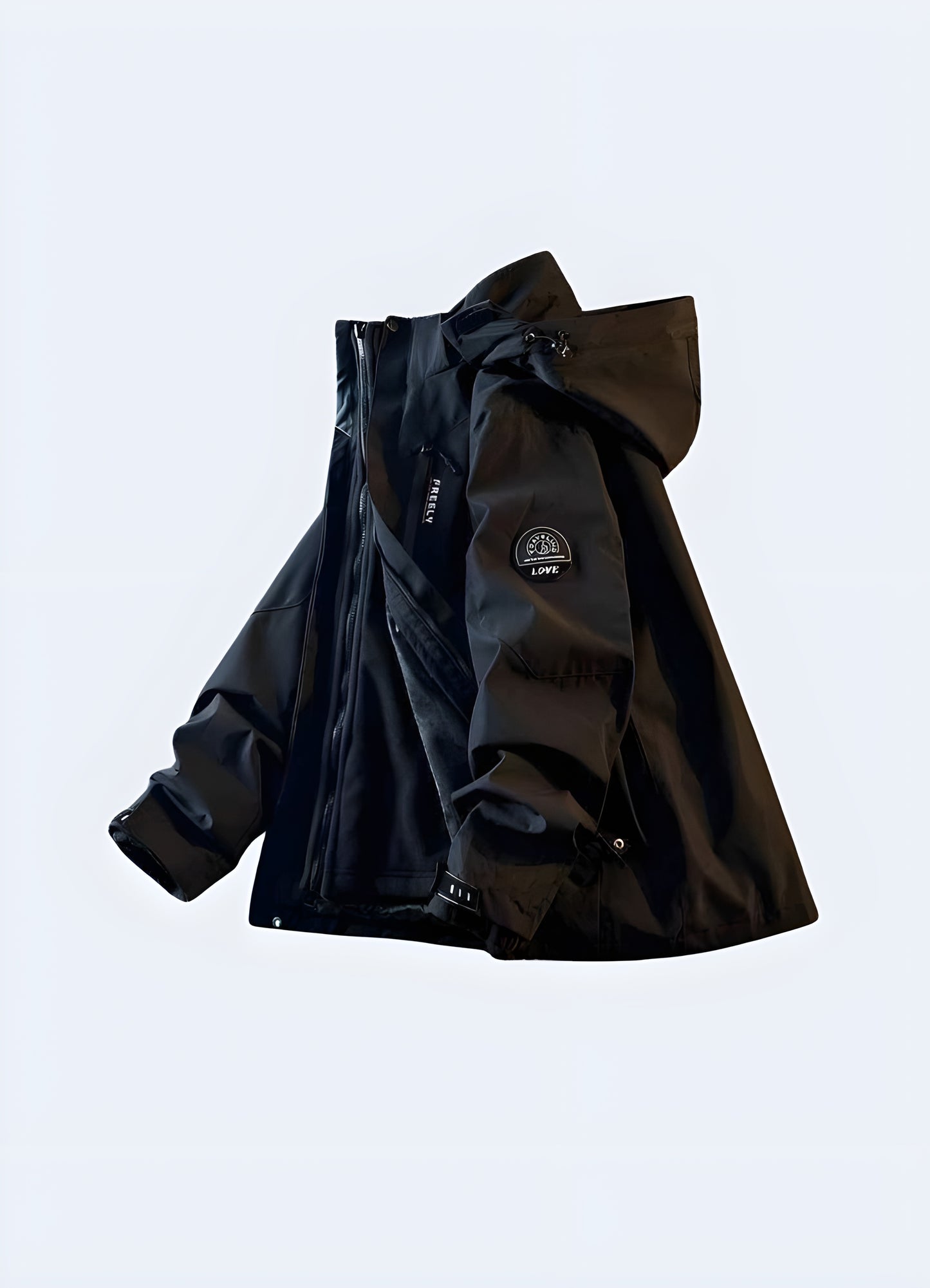 Techwear windbreaker side view. A sleek, water-resistant jacket with a minimalist design, adjustable hood, and tactical elements. Perfect for urban streetwear, cyberpunk aesthetics, and all-weather protection.