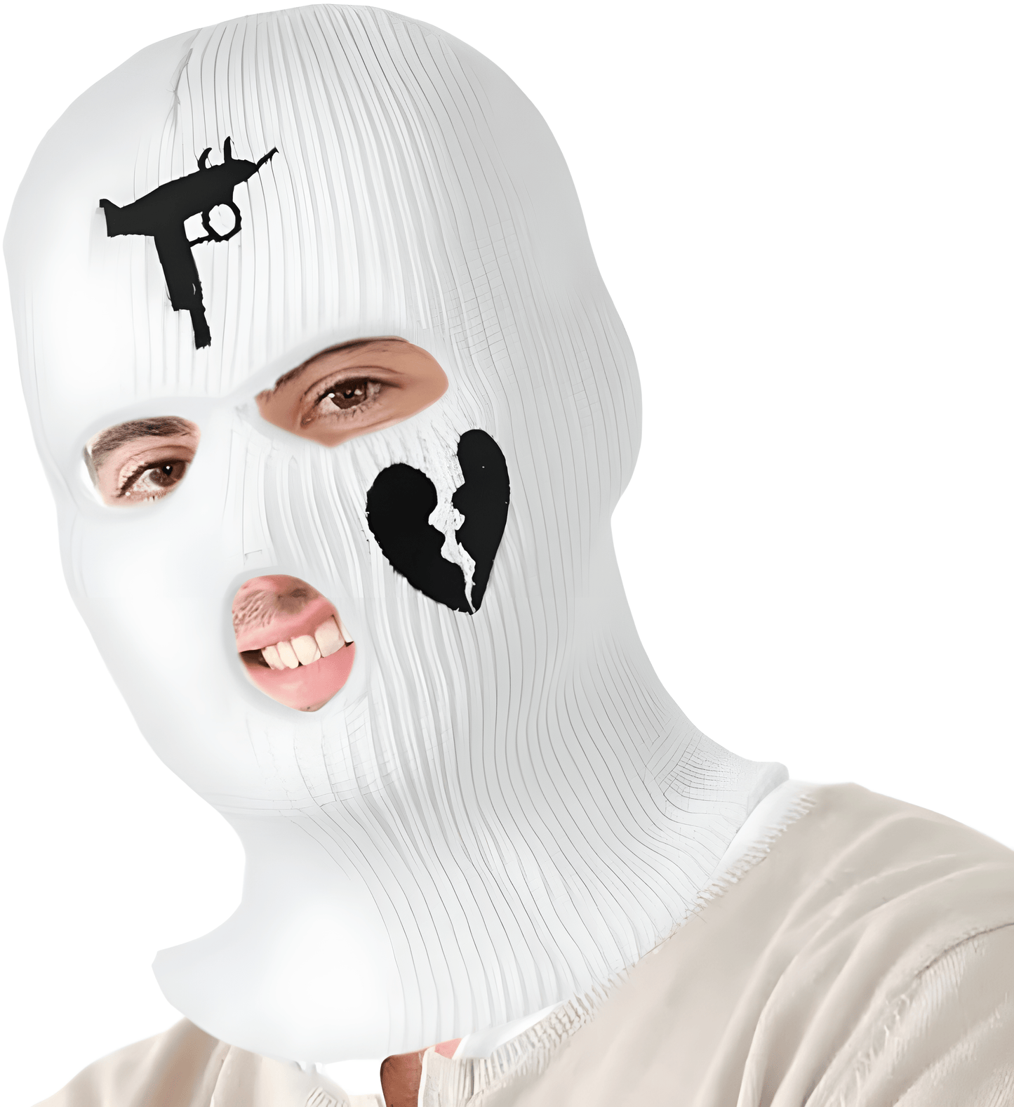 A model wearing a white balaclava with an Uzi design on the front, showcasing the mask's fit and detailed pattern, viewed from the front.