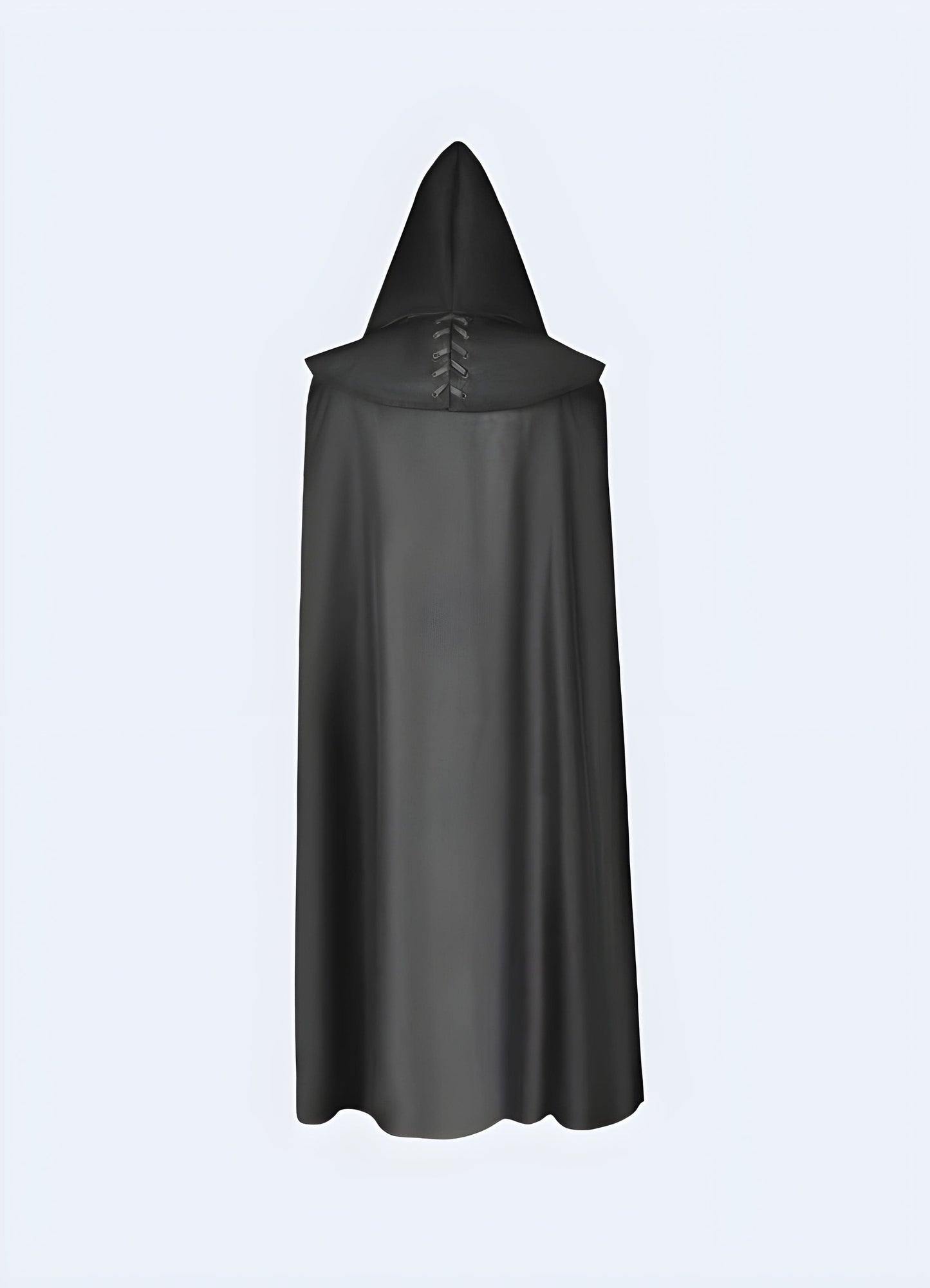 Rear view of a model wearing a black Jedi cloak, showcasing the full-length design and flowing fabric, ideal for Star Wars enthusiasts in the UK.