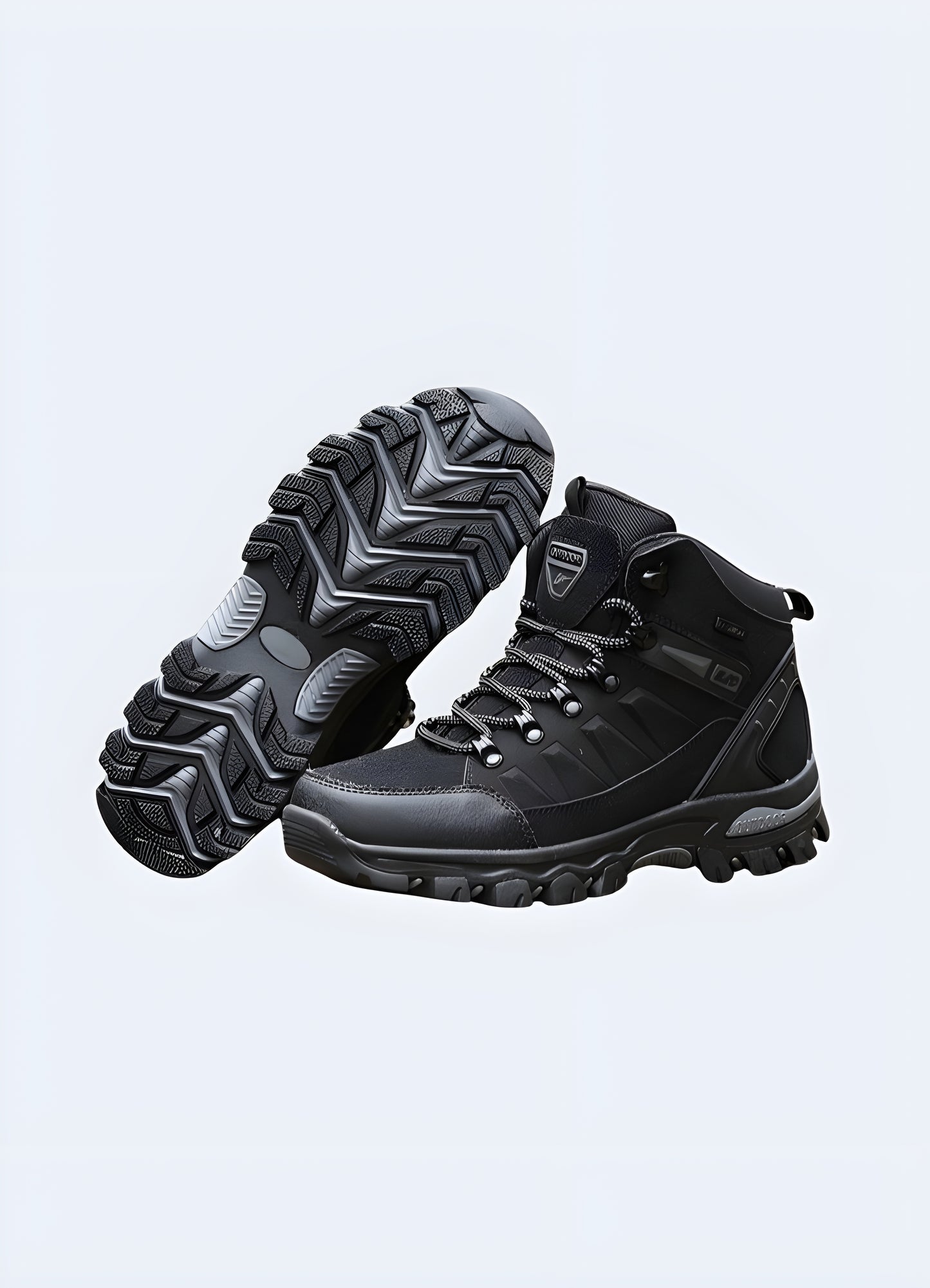 Black padded techwear shoes front, side, and back view UK – Futuristic tactical sneakers with cushioned design, multi-angle display, perfect for urban and techwear outfits in the UK.