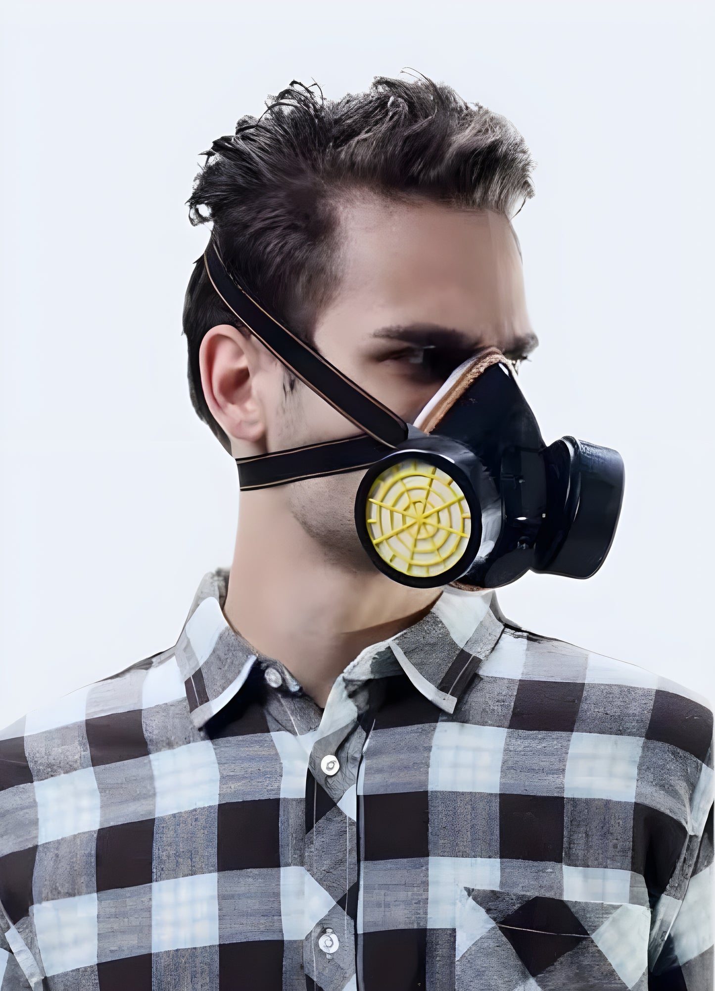 Side view of a dystopian respirator mask, emphasizing its sleek and functional design, available in the UK.
