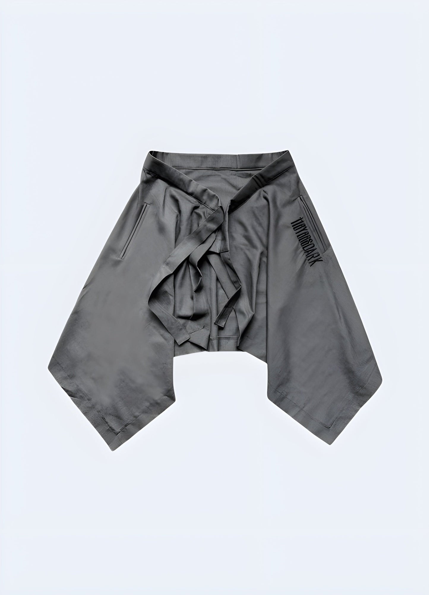 Front view of grey harem shorts, showcasing the modern design and relaxed aesthetic, ideal for the UK streetwear enthusiast.