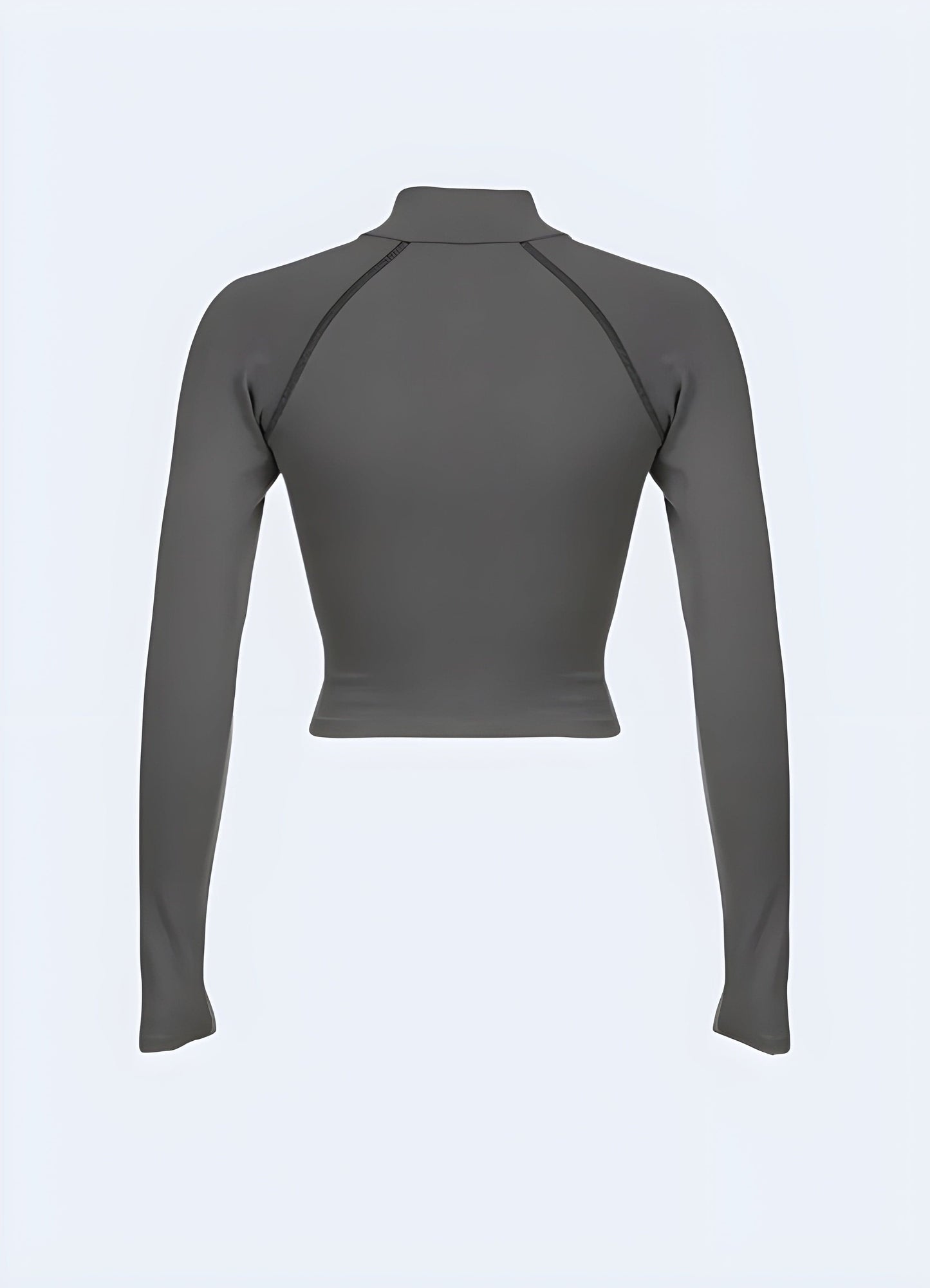 Back view of a grey techwear long sleeve shirt, showcasing its ergonomic fit and high-quality construction for comfort and durability in the UK urban landscape.
