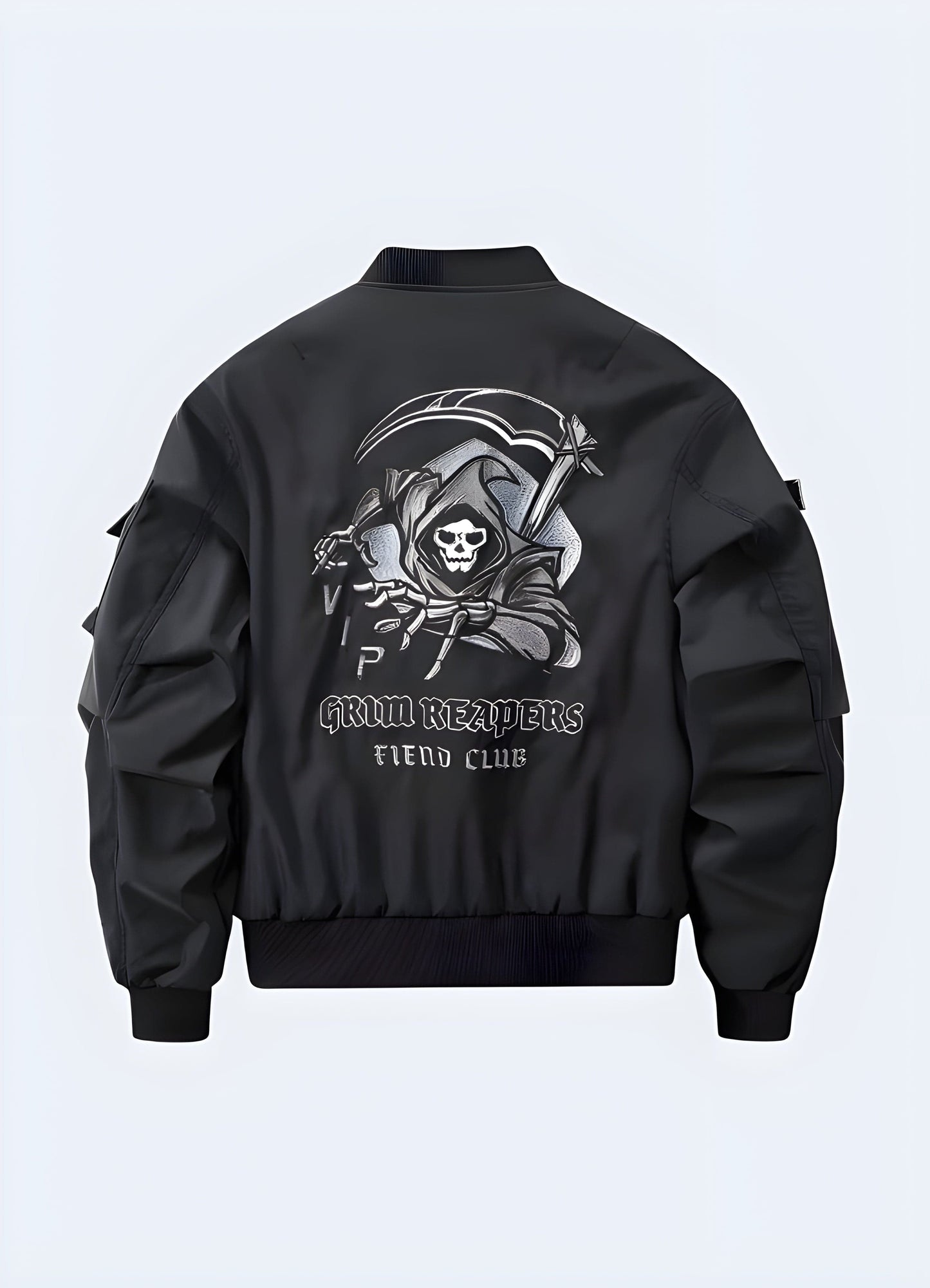 Back view lifestyle action shot of a Grim Reaper jacket, showcasing its distinctive skull graphic, high-quality materials, and dark aesthetic, ideal for UK consumers seeking a bold and eye-catching outerwear option that reflects their alternative style.