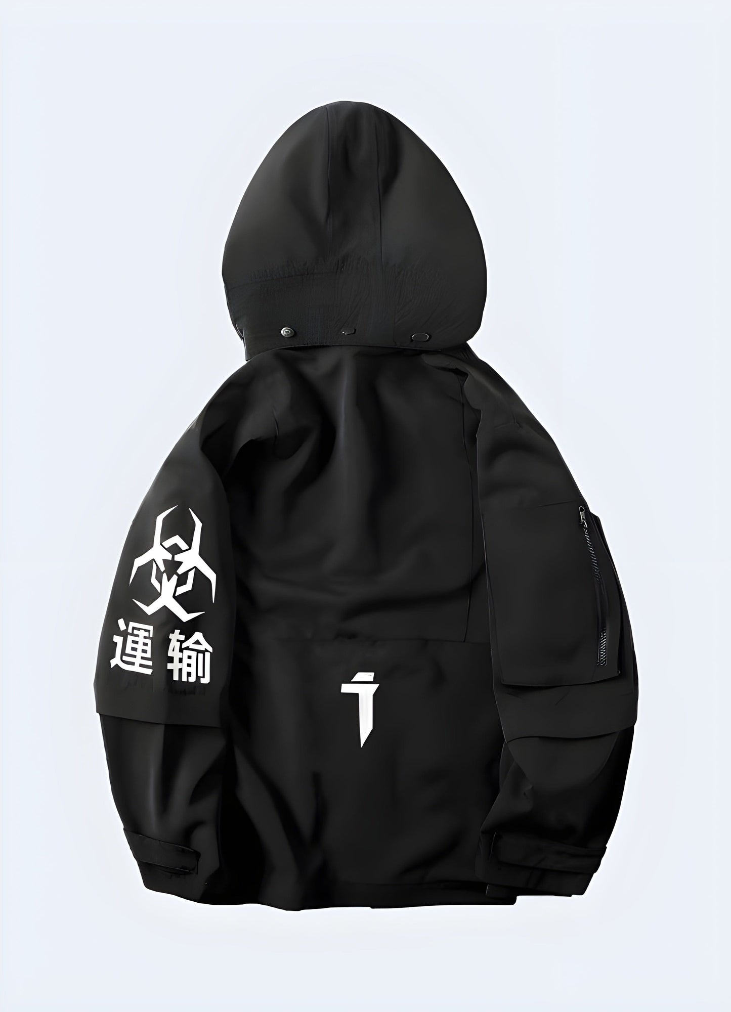 Back view of a techwear oversized jacket inspired by Harajuku fashion, offering a bold and eye-catching look for UK trendsetters and urban explorers.