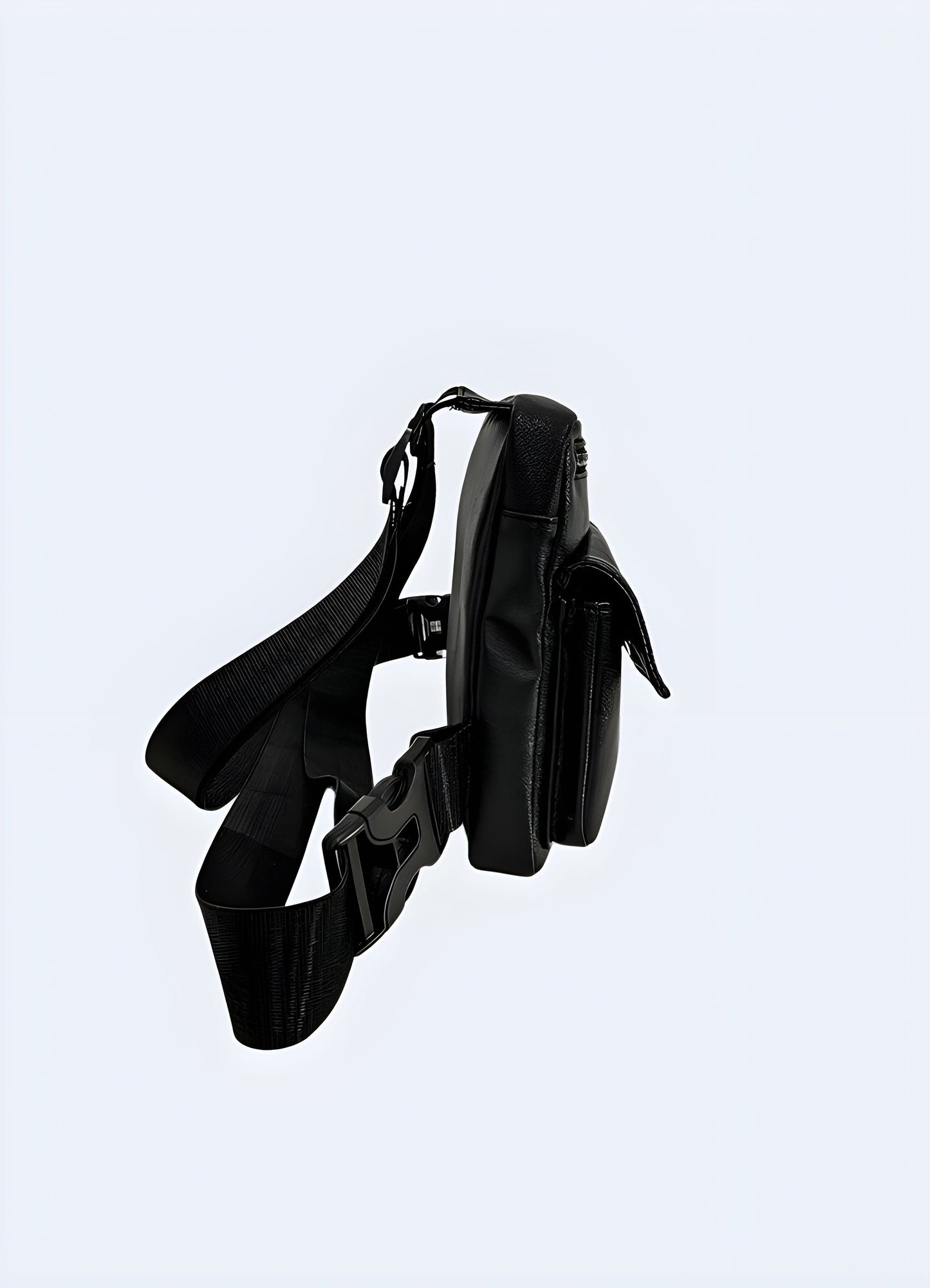 Leather chest bag, side view with model, UK. Sophisticated and functional.