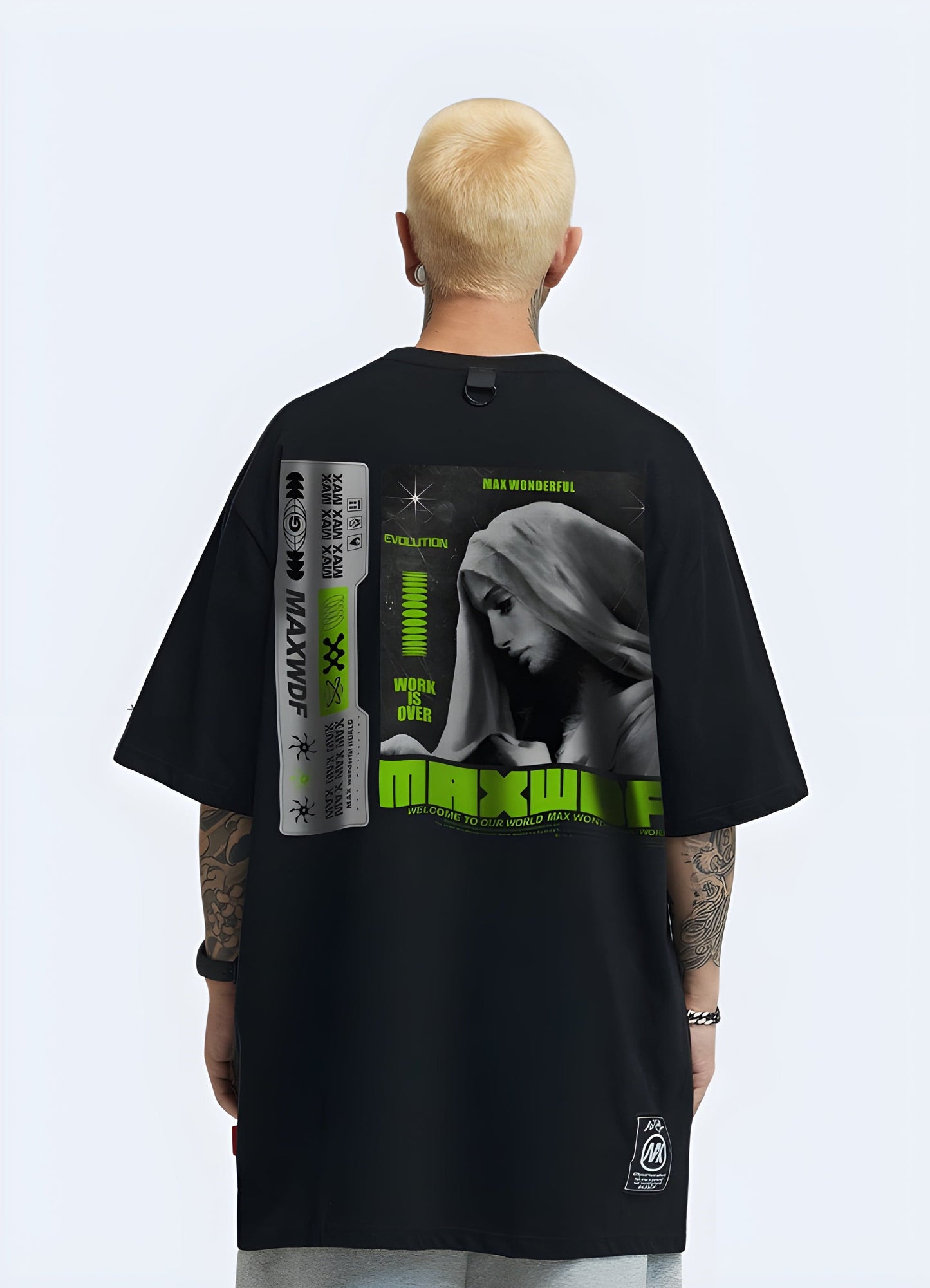 Back view of a man sporting a cyberpunk t-shirt, highlighting its striking design elements and comfortable fit for fans of dystopian fashion in the UK.