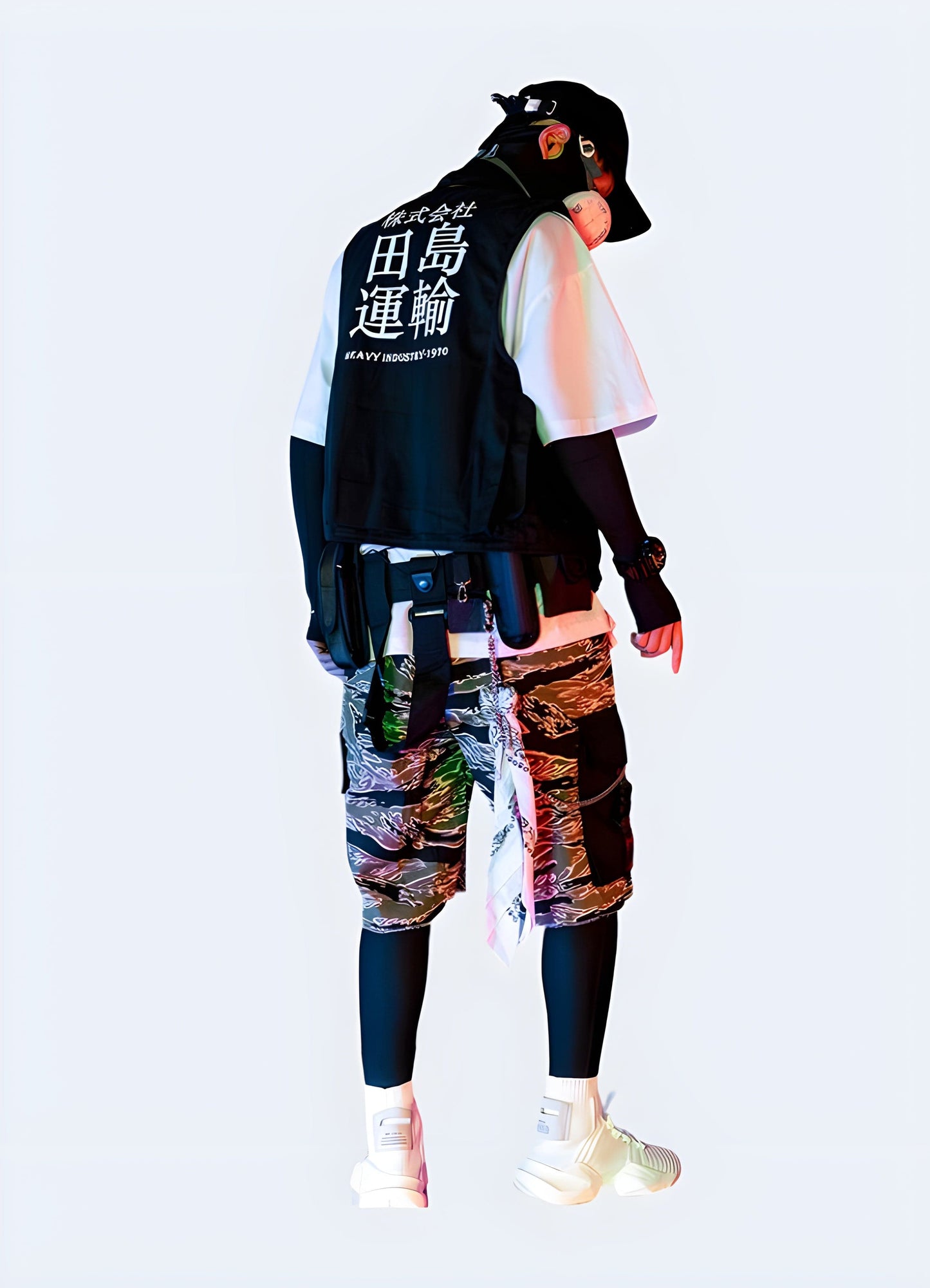 Back view of a man wearing techwear camo shorts, highlighting the unique camouflage pattern and technical features, perfect for the UK urban explorer.