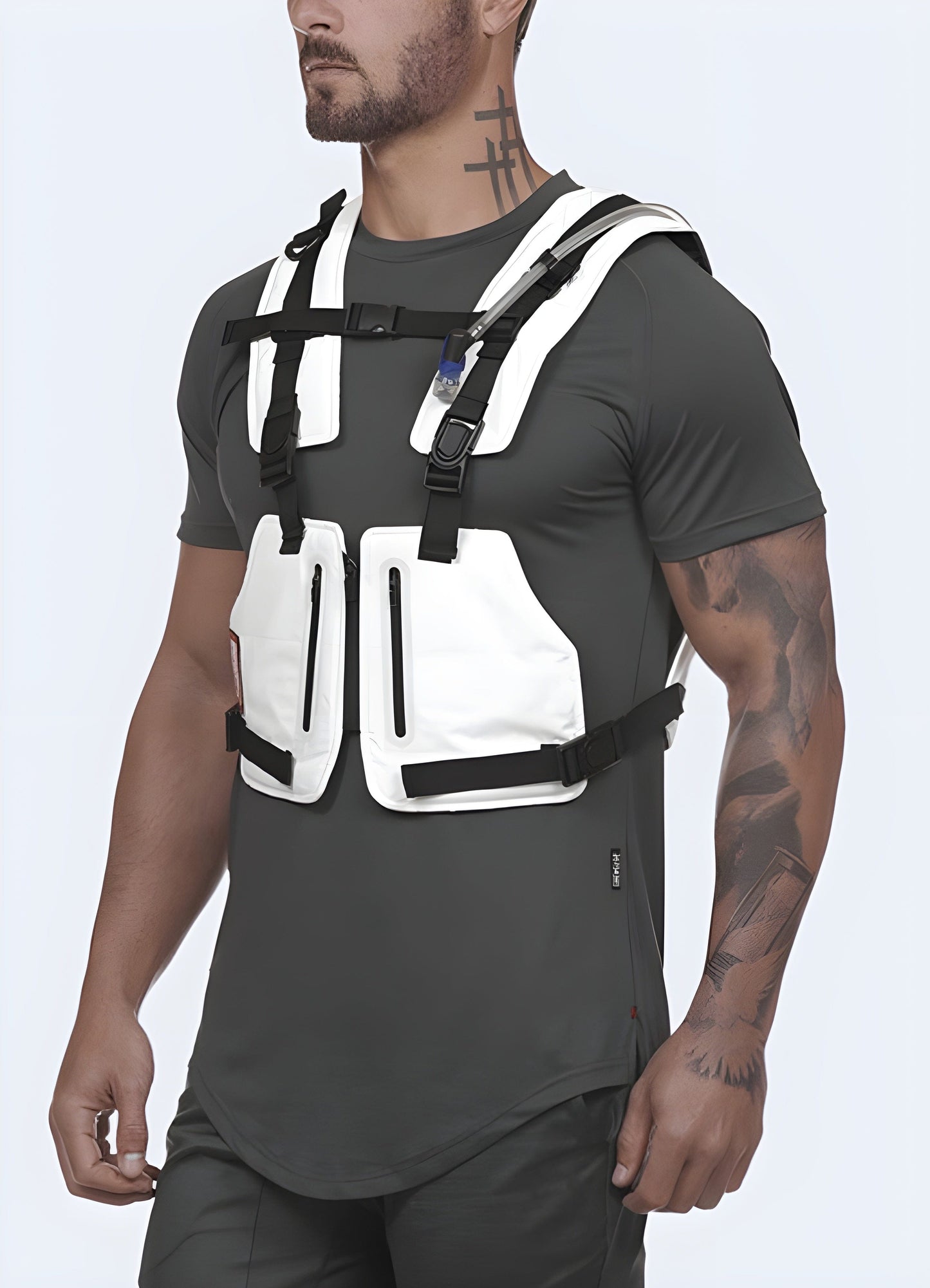 Men displaying a front side view of a white streetwear chest rig, highlighting its stylish design for UK fashion scenes.
