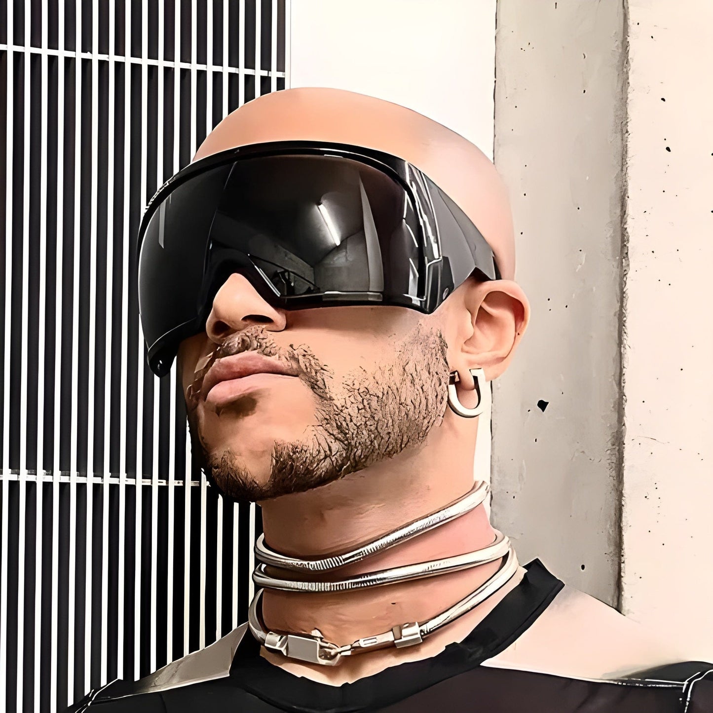 Oversized cyberpunk shield sunglasses in a unique Y2K techwear style, perfect for making a bold fashion statement in the UK.