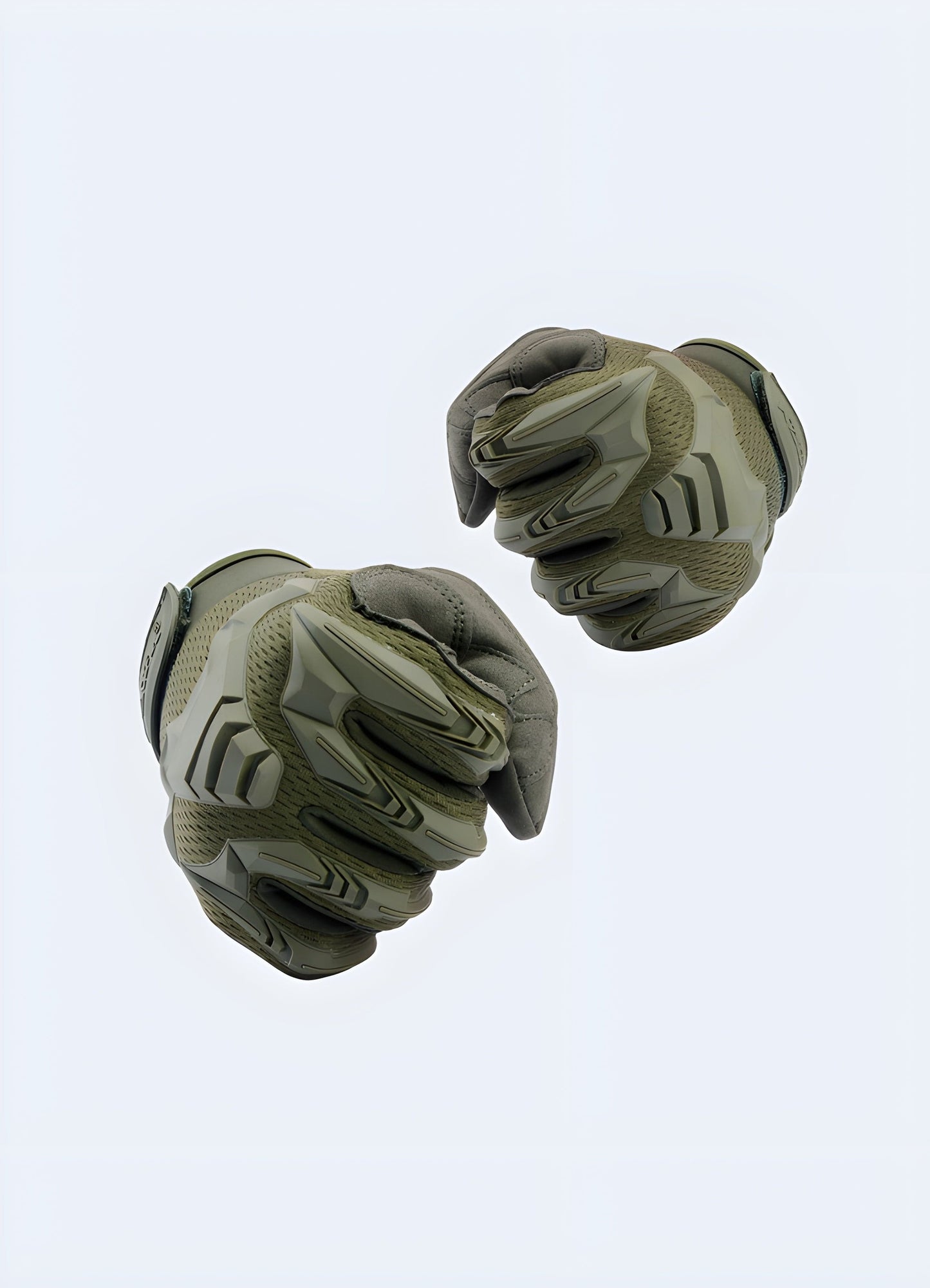 The gloves feature prominent hard knuckle protectors, reinforced padding along the fingers, and textured surfaces on the palm and fingertips for enhanced grip.