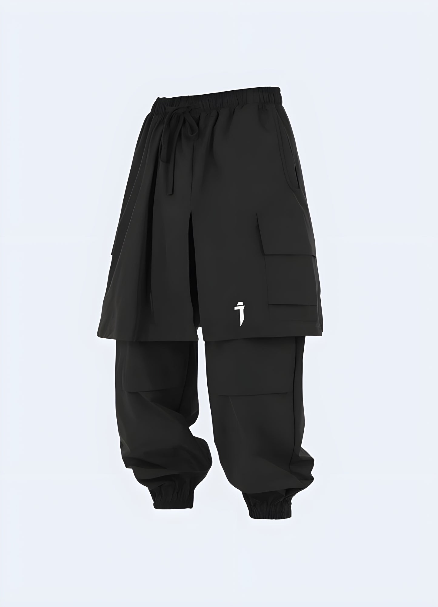 Black techwear ninja pants, front view, UK tactical trousers for men.