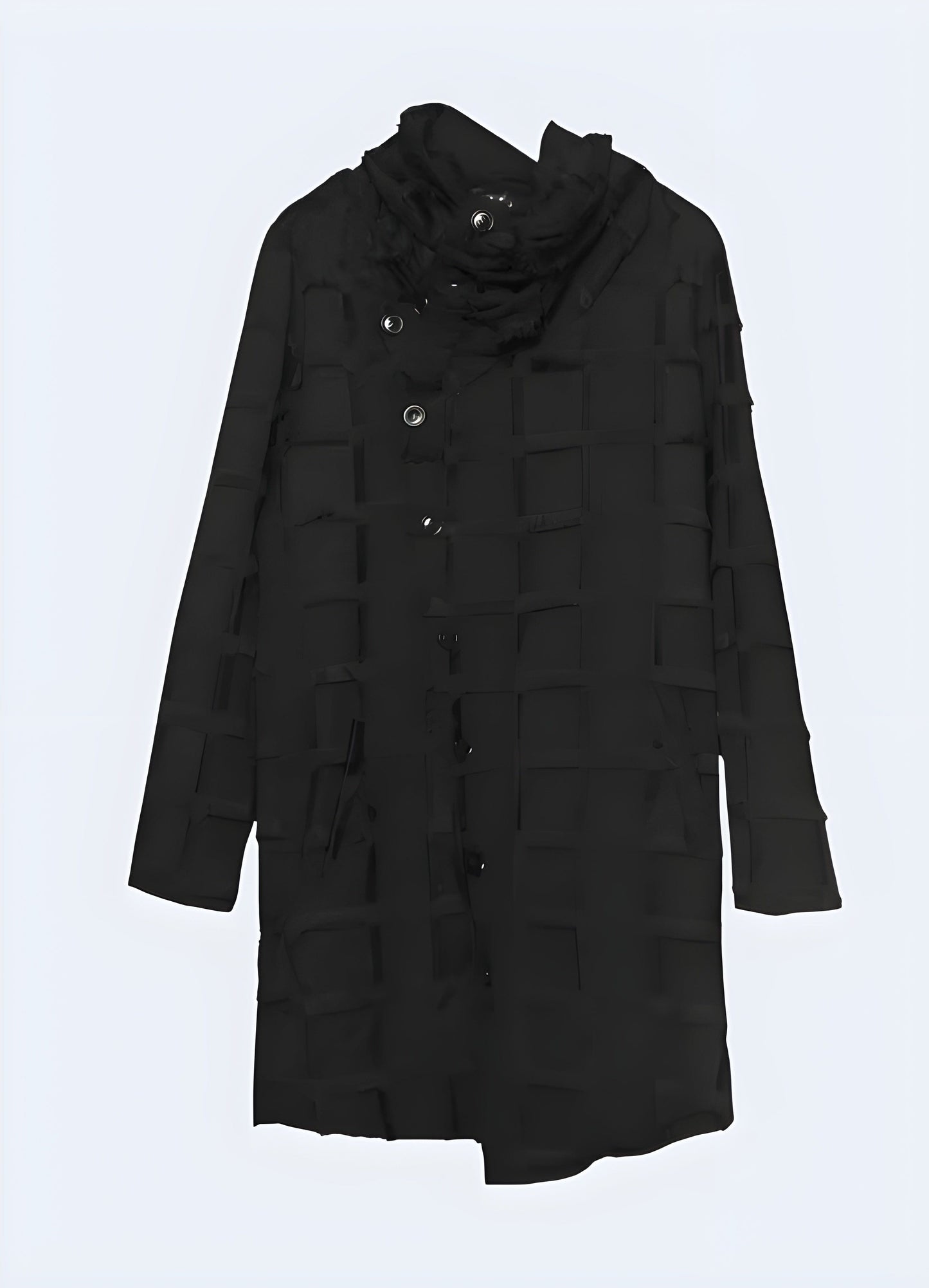 Close-up details of a trench coat with an attached turtleneck, emphasizing the high-quality craftsmanship and luxurious materials used in this UK-available garment.