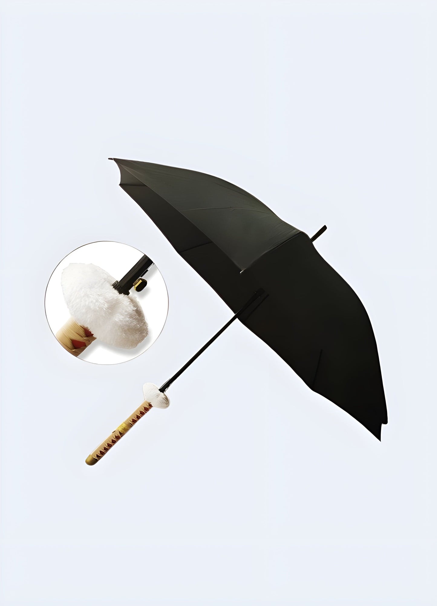 A gold umbrella with a samurai sword hilt-style handle, accented with faux fur, available in the UK.