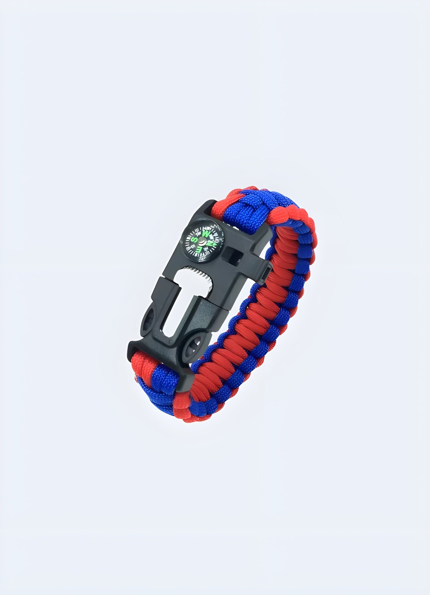 Red and blue tactical paracord bracelet, combining vibrant colors with robust functionality for the UK market.