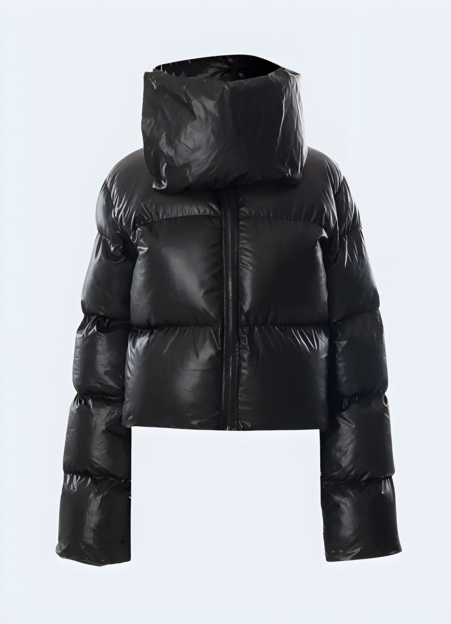 Front view of a techwear down puffer jacket for women, emphasizing its premium construction and stylish aesthetics for the UK urban landscape.