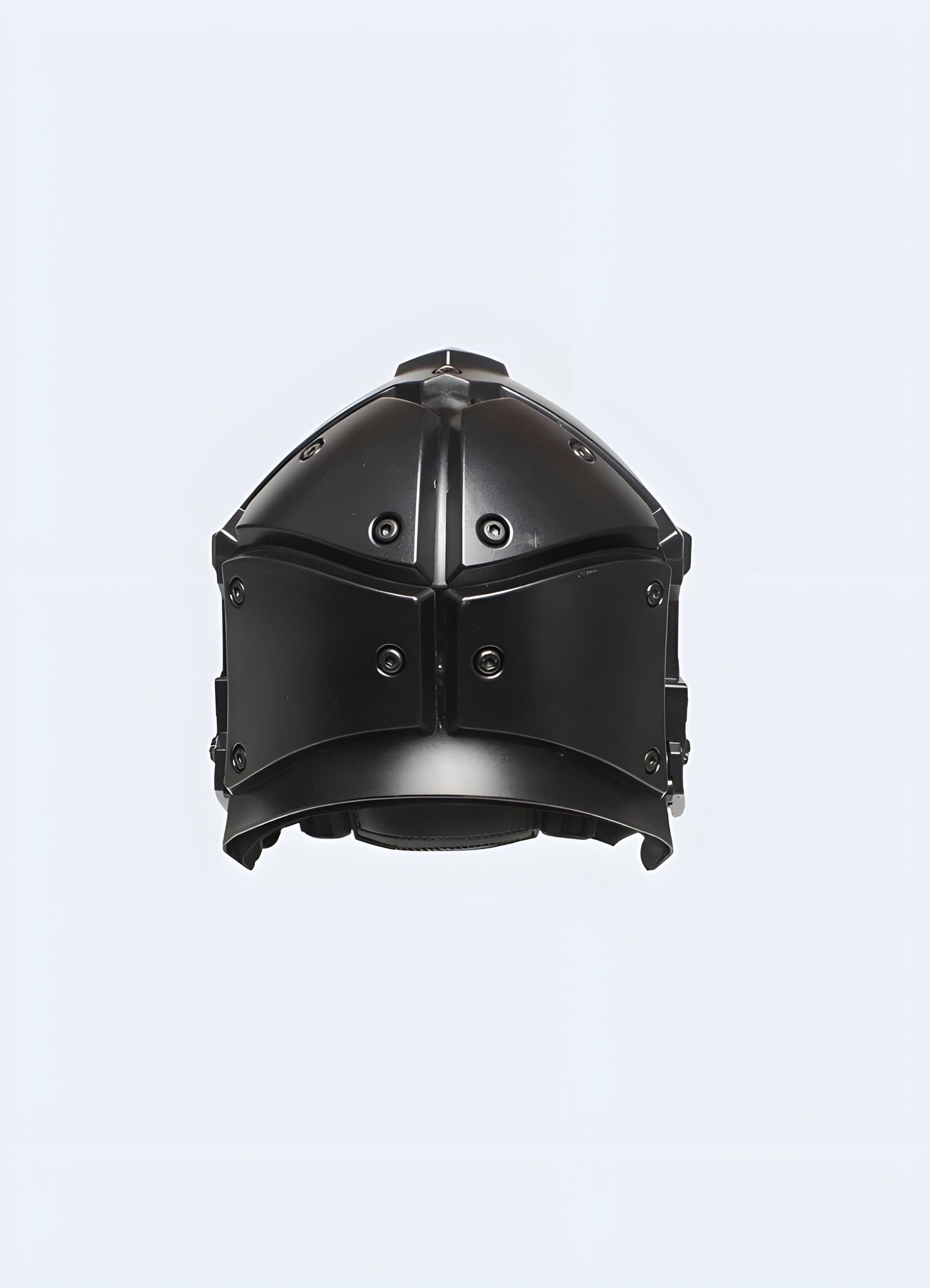 Front, back, and side views of a black techwear helmet with modern aesthetics, UK.