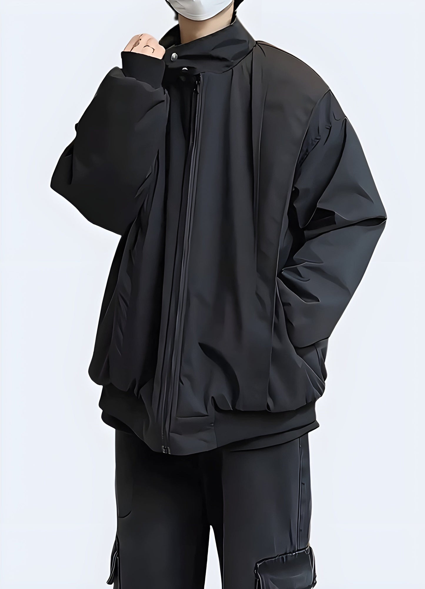 Techwear jacket with straps, futuristic and tactical streetwear fashion.