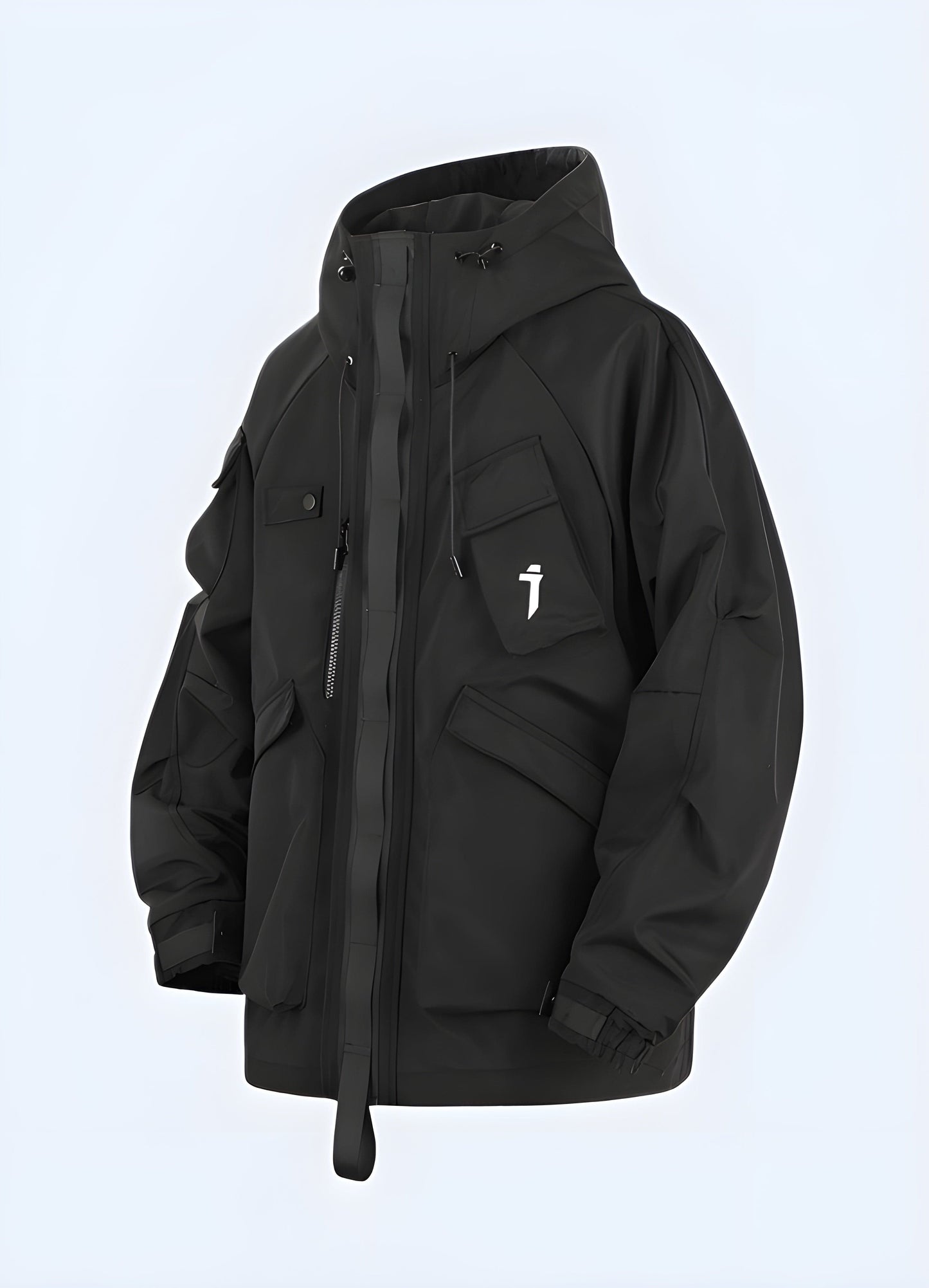 Front view of a futuristic techwear leather jacket, highlighting its innovative design and high-tech materials, ideal for UK consumers seeking a statement piece.