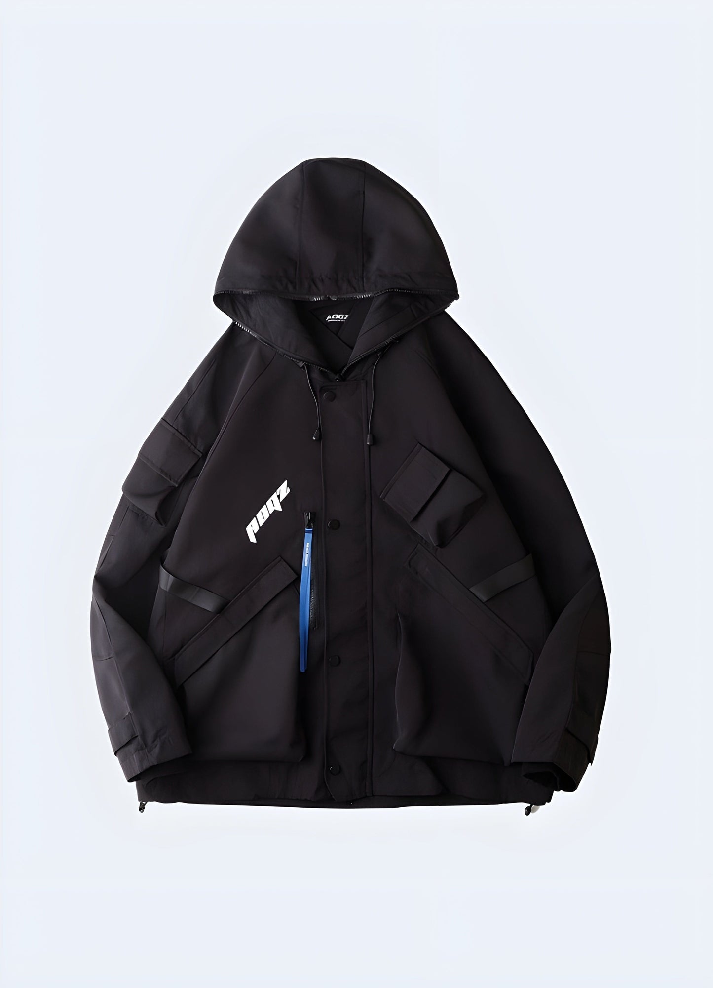 Model showcasing a stylish techwear raincoat from the front, highlighting its sleek silhouette and practical design for fashion-forward consumers in the UK.
