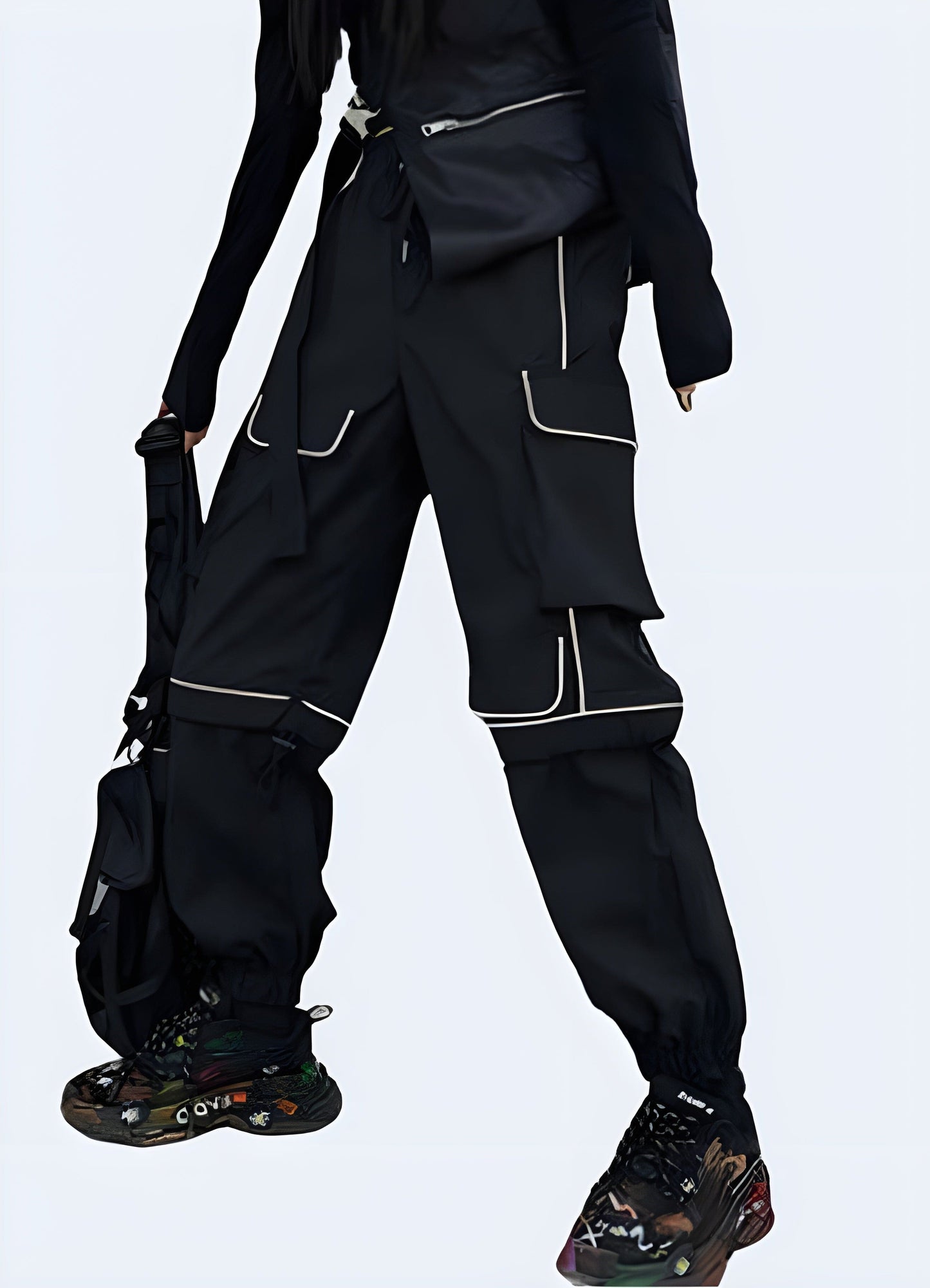 Front side view of techwear reflective cargo pants for women, showcasing the cutting-edge design and practical features perfect for UK urban and outdoor lifestyles.