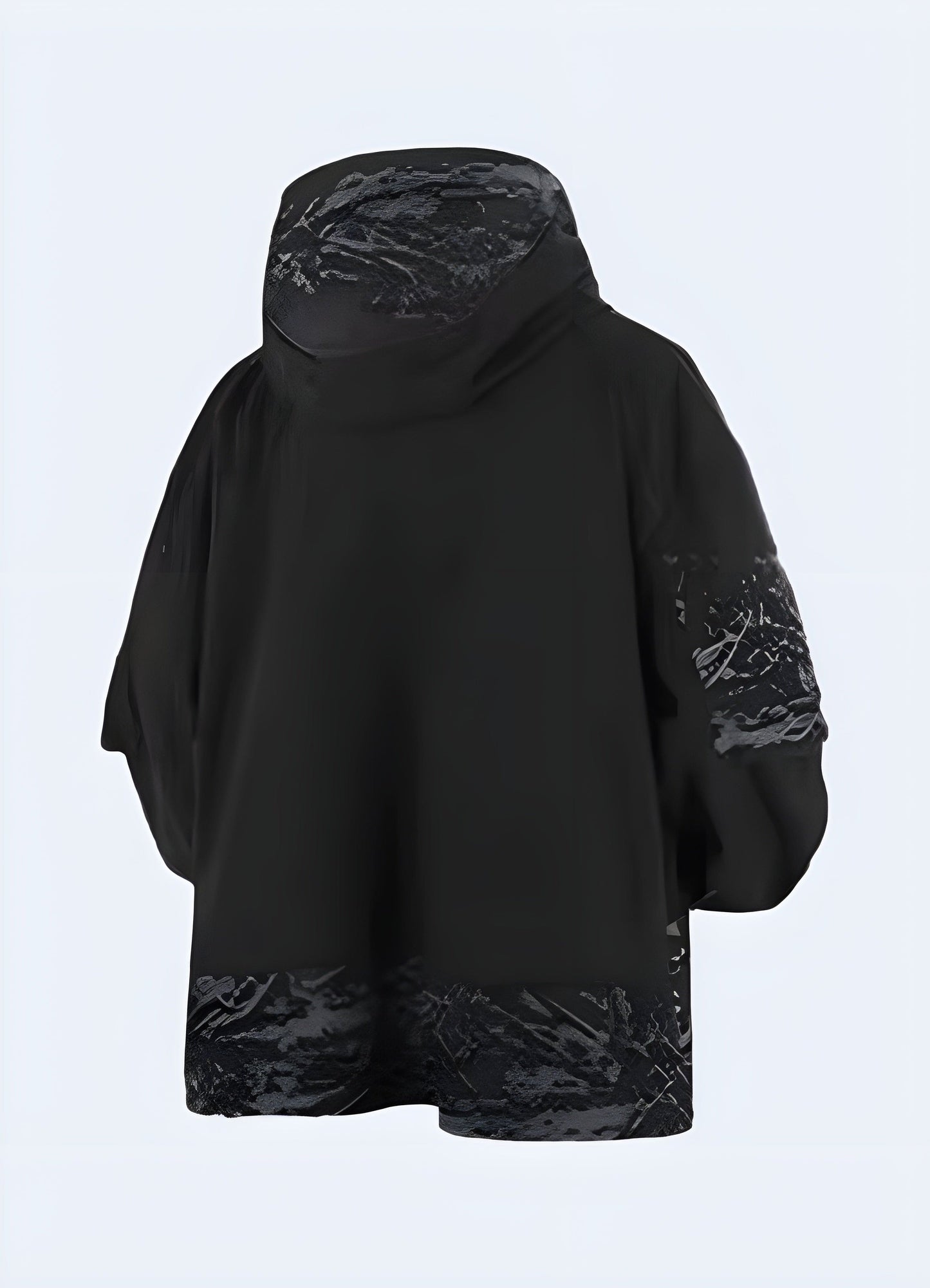 Techwear windbreaker back view. A sleek, water-resistant jacket with a minimalist design, adjustable hood, and tactical elements. Perfect for urban streetwear, cyberpunk aesthetics, and all-weather protection.