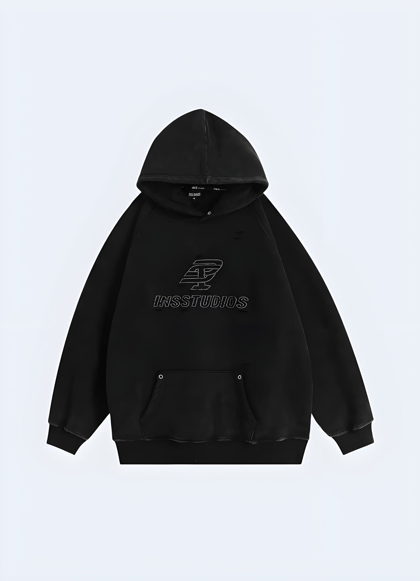 Vintage black hoodie front view – UK. Retro-style faded black hoodie with minimalist streetwear aesthetic, oversized fit, and comfortable fabric, perfect for urban techwear fashion.