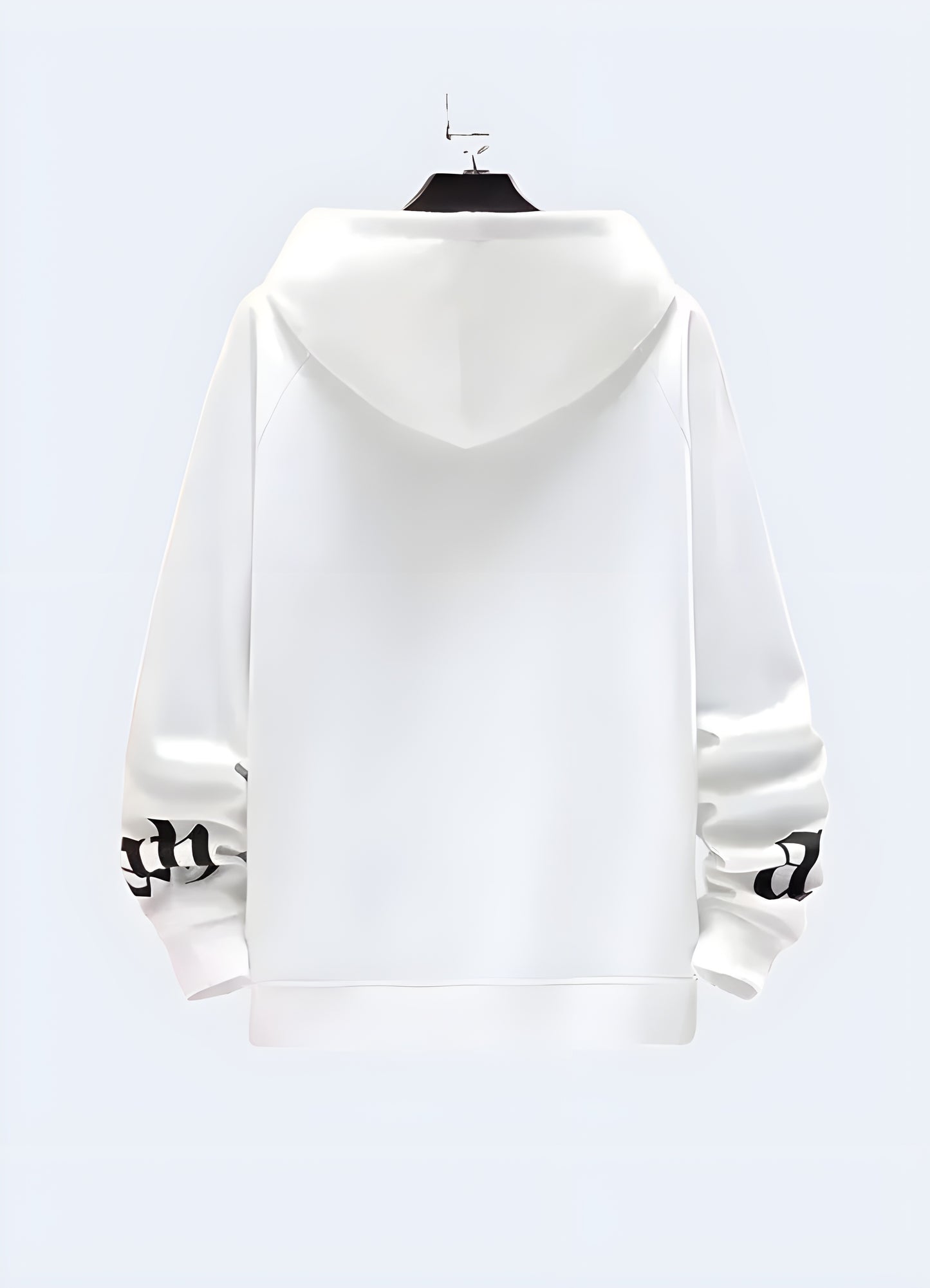 Close-up of a white cyberpunk hoodie showcasing its distinctive white color and modern design, back view, UK market.