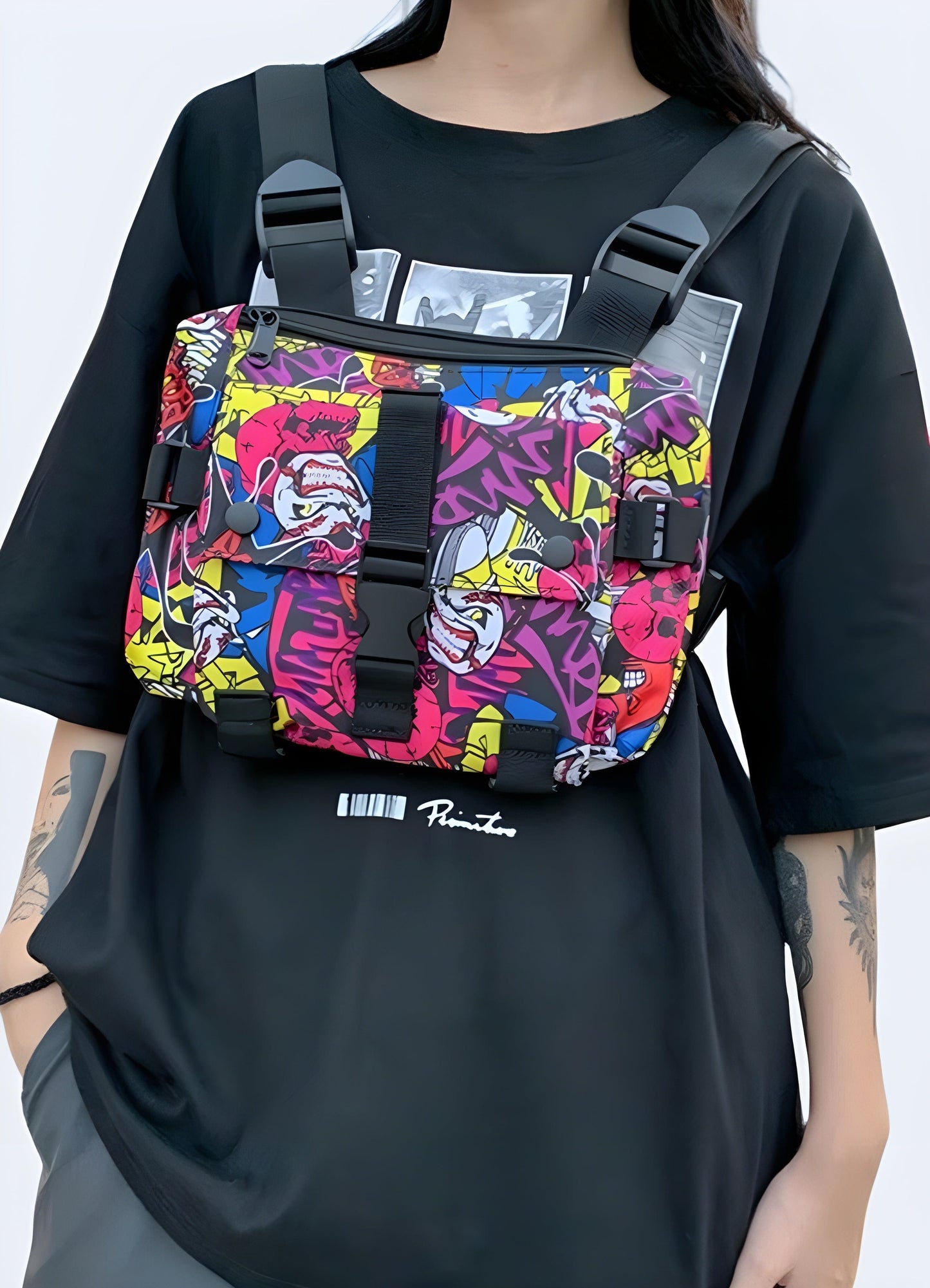 Front view of a model showcasing a stylish streetwear chest bag, ideal for UK fashion enthusiasts.