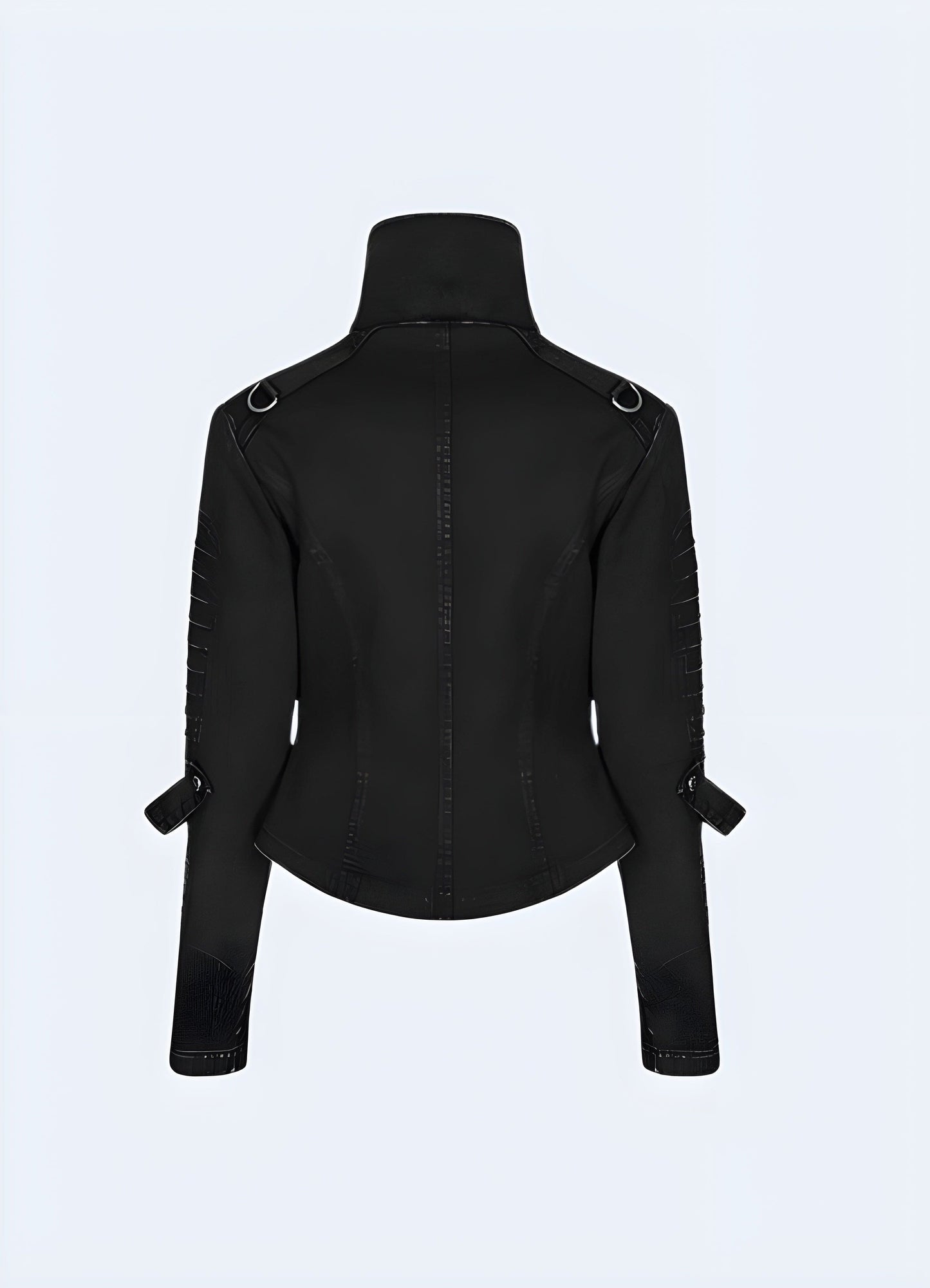 Back view of a women's techwear denim jacket, emphasizing its high-quality construction and unique details for navigating the UK urban landscape in style.