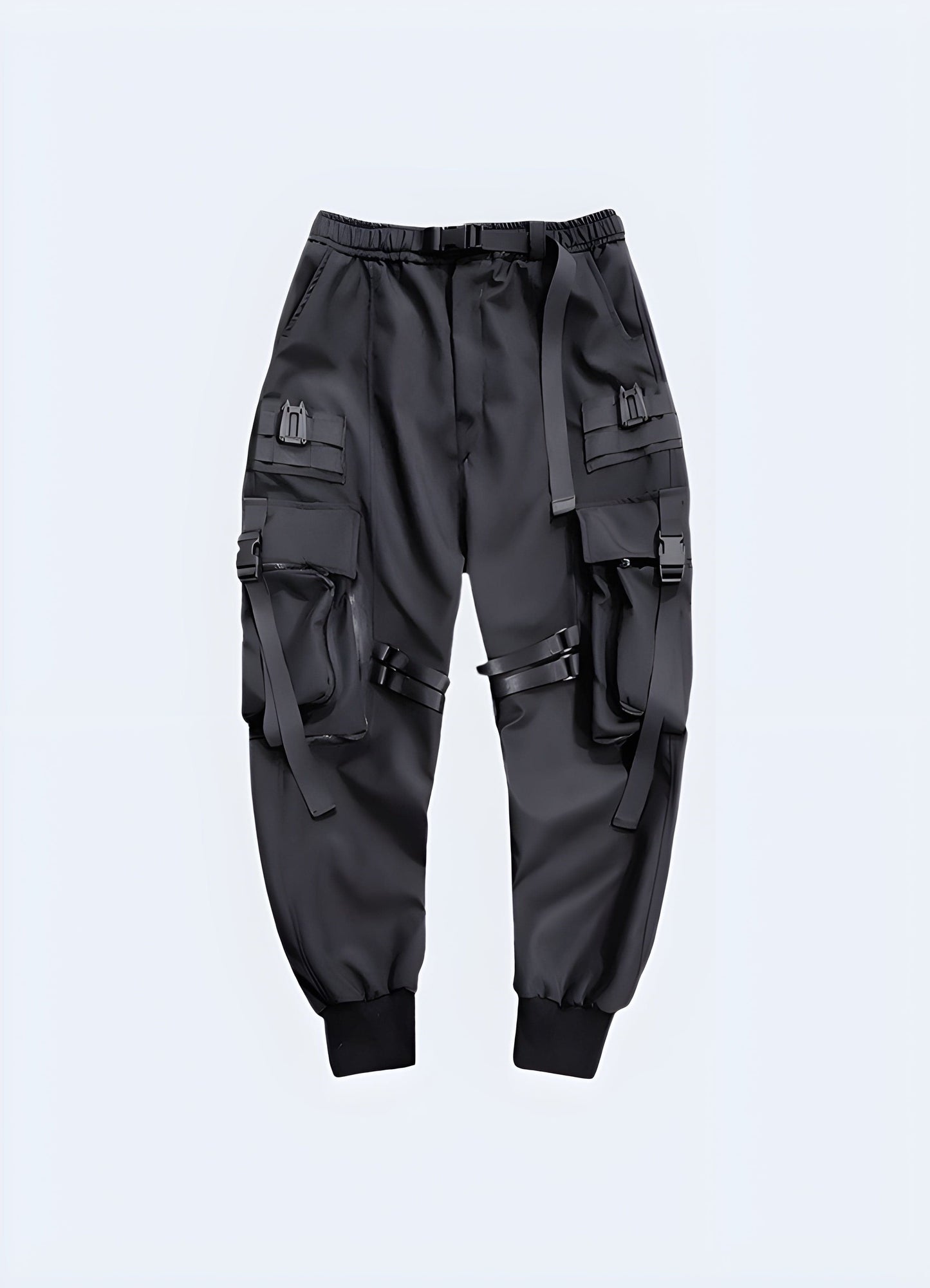 Front view of tough warcore pants, highlighting the garment's combat-ready design and sturdy materials, a must-have for UK consumers seeking a bold and functional streetwear look.