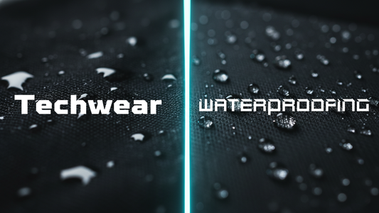 Text 'Techwear' and 'Waterproofing' on a textured surface with water droplets.