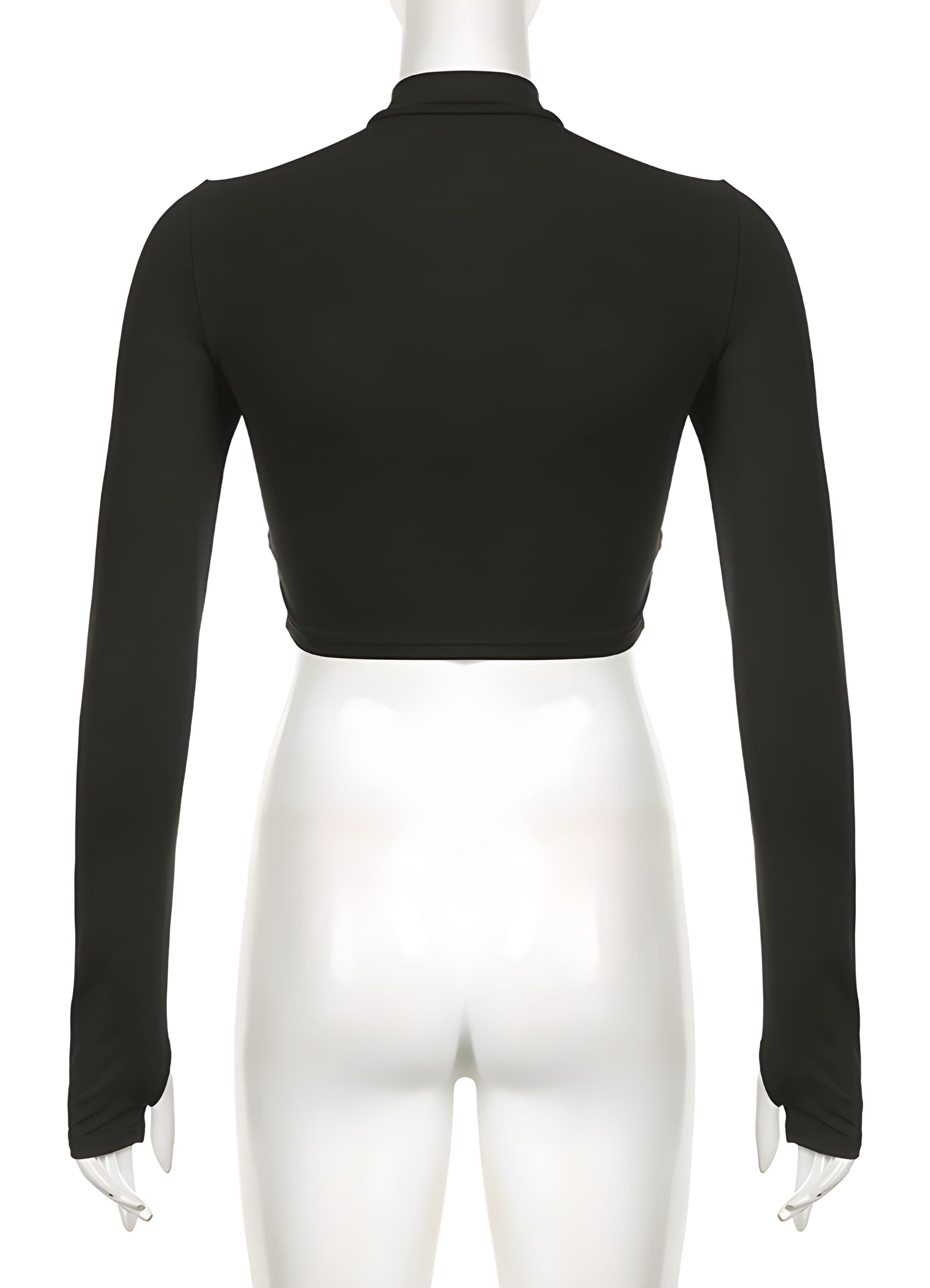 Displaying the back view of a sleek black turtleneck bodysuit, ideal for UK fashion aficionados who value both style and versatility. Its clean lines and refined silhouette ensure a chic, polished appearance suitable for various occasions.