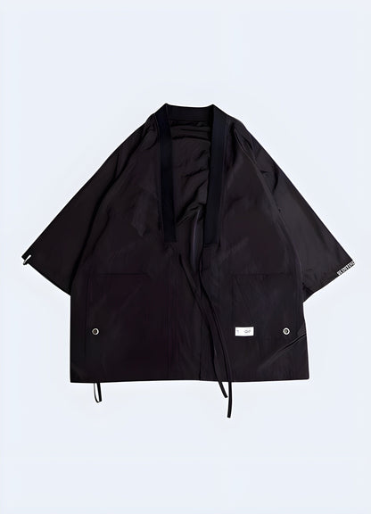 Close-up front view of zippered pockets on a sleek black leather jacket, a must-have for fashion-forward men in the UK.