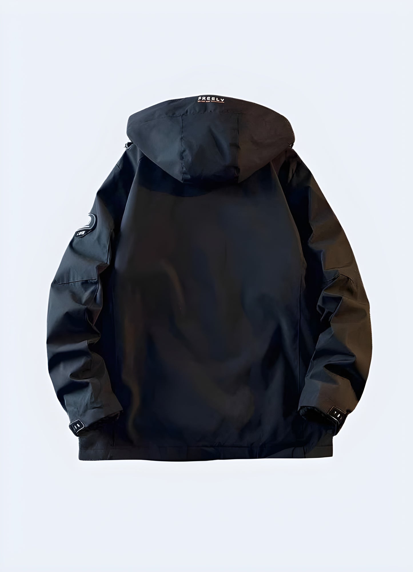 Man wearing a techwear windbreaker, side view. A futuristic, water-resistant windbreaker with a sleek design, adjustable hood, and utility pockets. Ideal for urban streetwear and cyberpunk fashion lovers.