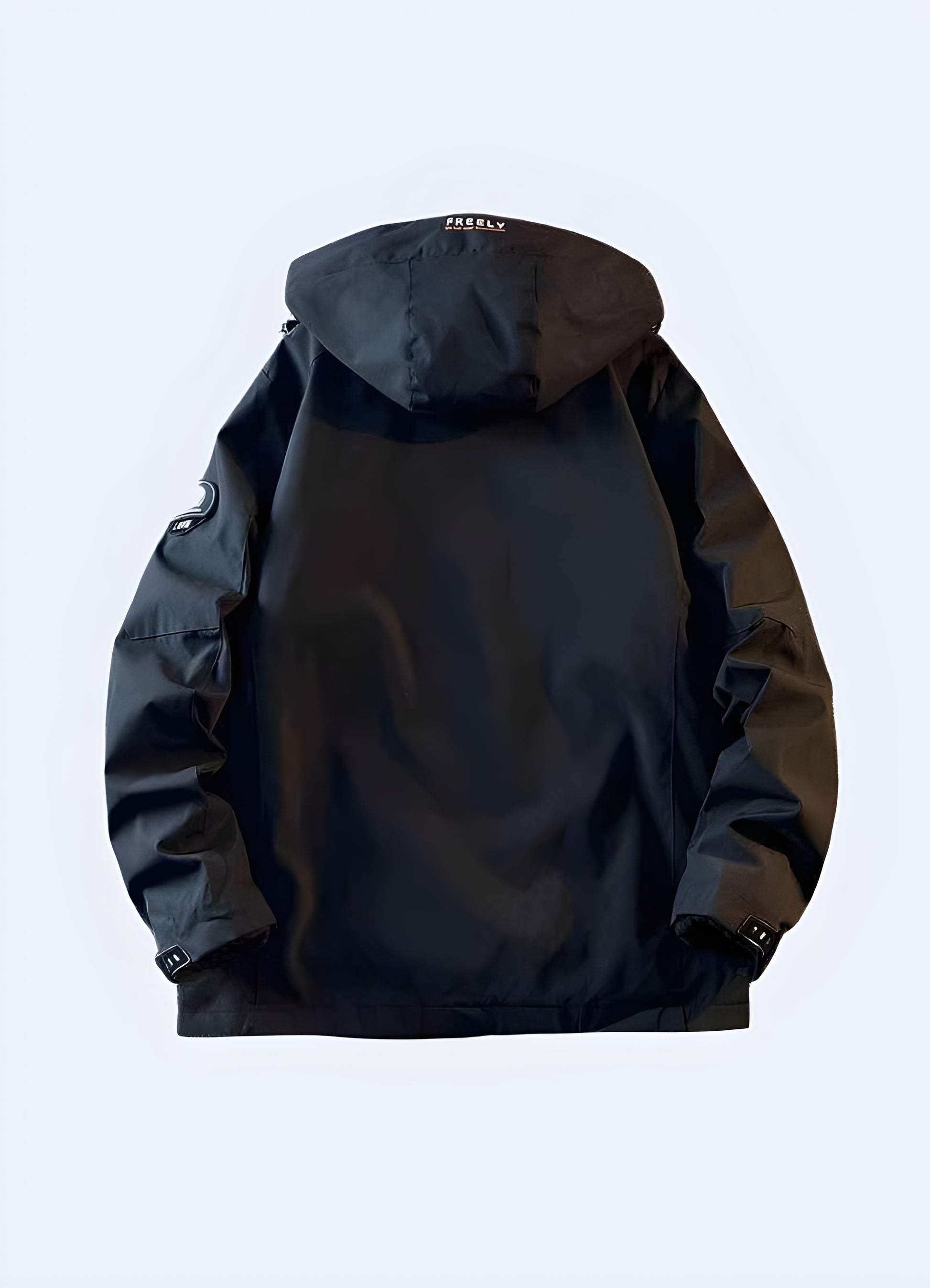 Man wearing a techwear windbreaker, side view. A futuristic, water-resistant windbreaker with a sleek design, adjustable hood, and utility pockets. Ideal for urban streetwear and cyberpunk fashion lovers.