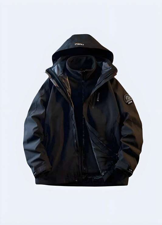 Man wearing a techwear windbreaker front view in the UK. A sleek, futuristic windbreaker with a minimalist design, water-resistant fabric, and urban utility features. Perfect for modern streetwear and cyberpunk fashion enthusiasts.