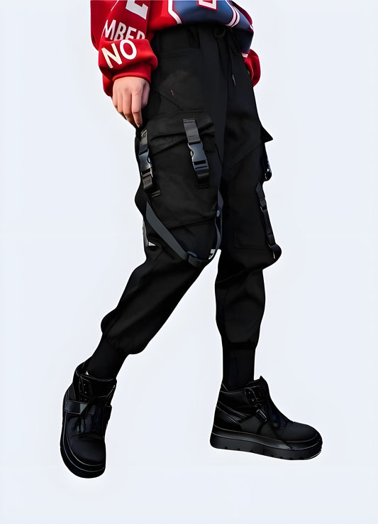 Performance and style, designed for the female form.Right side view of a woman wearing techwear women's tactical cargo pants, highlighting the practical features and sleek silhouette appealing to UK fashion enthusiasts.