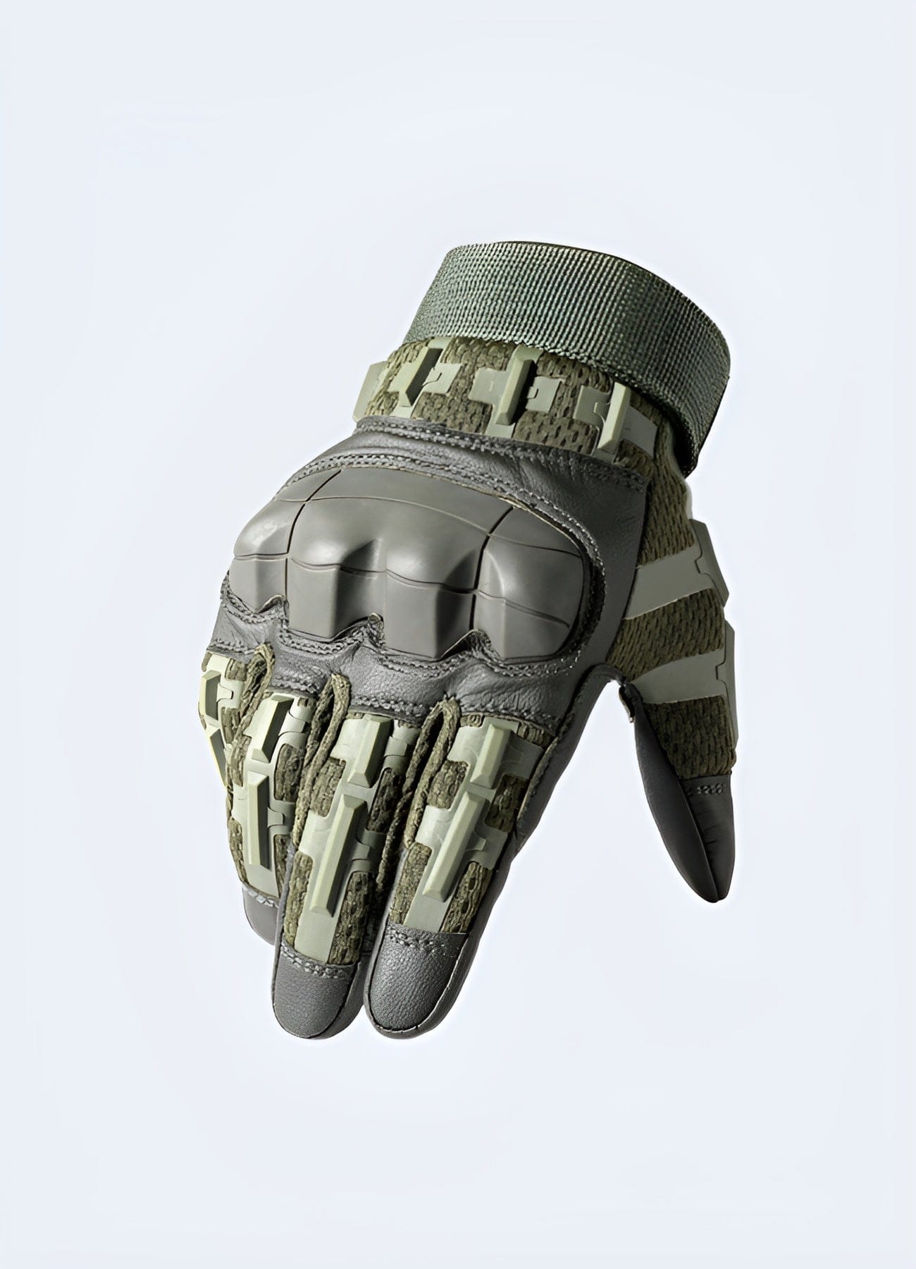 Front view of tactical airsoft gloves showing a rugged design with reinforced knuckles, perfect for combat and outdoor activities in the UK.