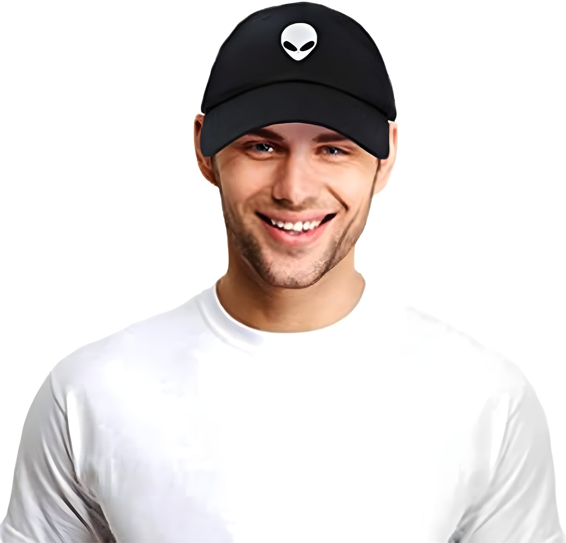 A model wearing a black snapback cap with an alien-themed design, shown from the front to emphasize the bold graphic and how the cap fits within the model’s overall look UK.