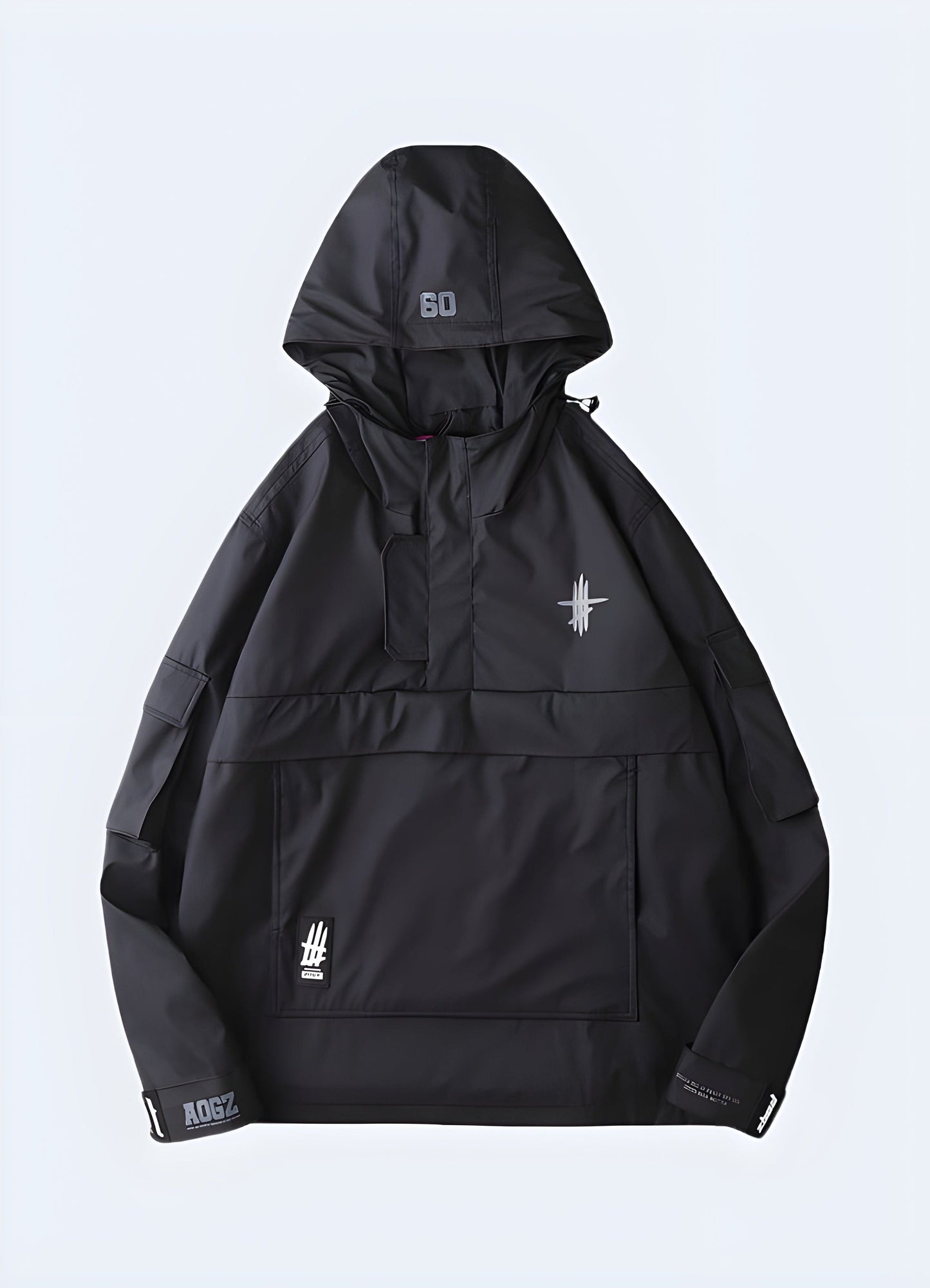 Close-up front view of an AOGZ windbreaker jacket, showcasing its wind-resistant and lightweight design, perfect for the UK climate.