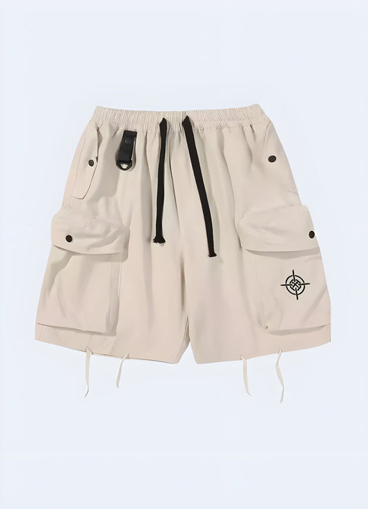 Front view of stylish apricot tactical cargo shorts, featuring a modern design and versatile color, perfect for the UK fashion-conscious outdoorsman.