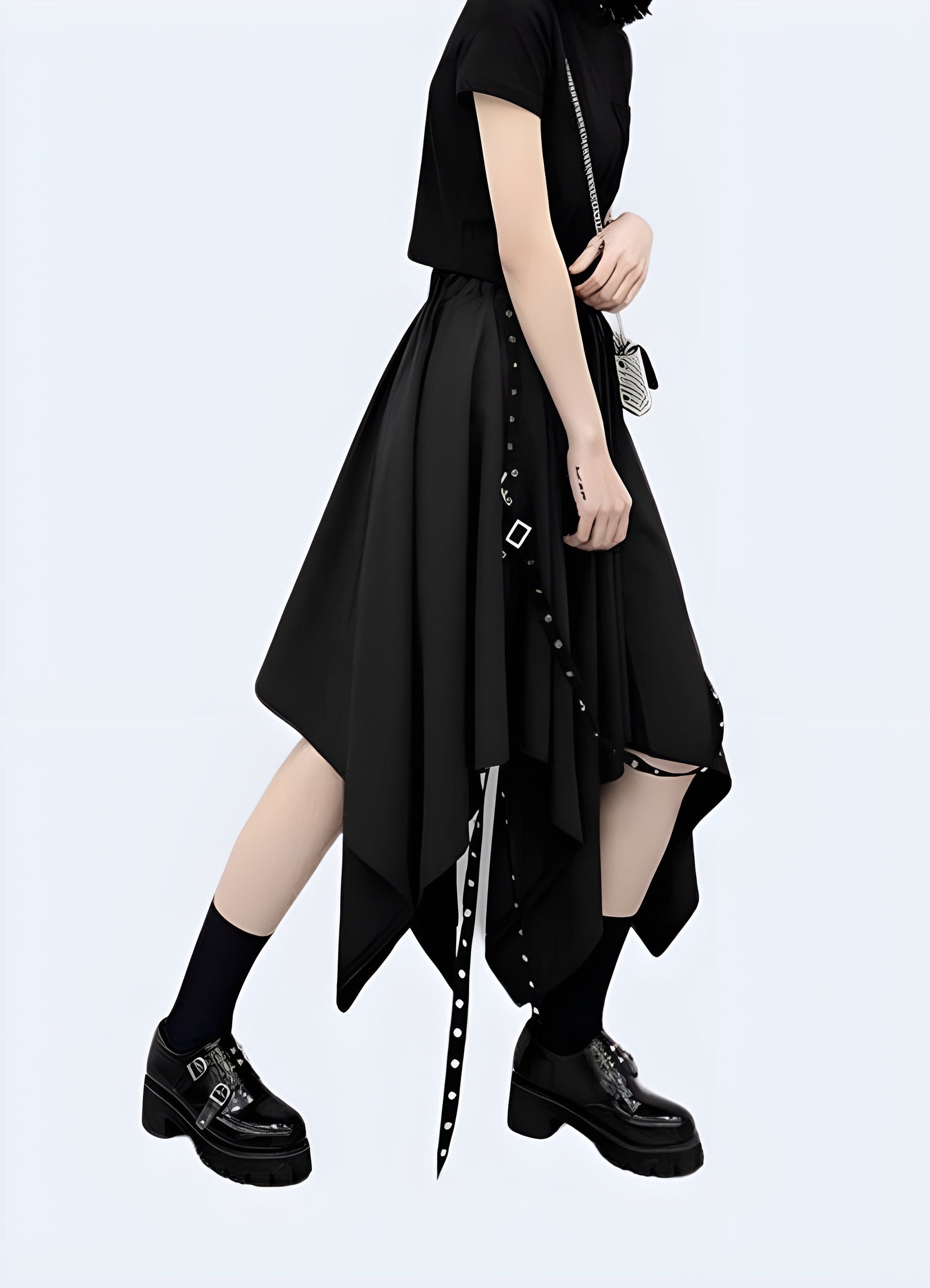 A right side view of a trendsetting asymmetrical techwear skirt, crafted in the UK, highlighting the garment's bold, uneven hemline and modern, urban aesthetics.