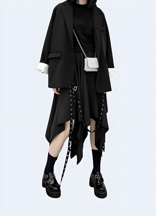 An edgy and innovative asymmetrical techwear skirt designed in the UK, blending futuristic style with functional performance for a cutting-edge fashion statement.