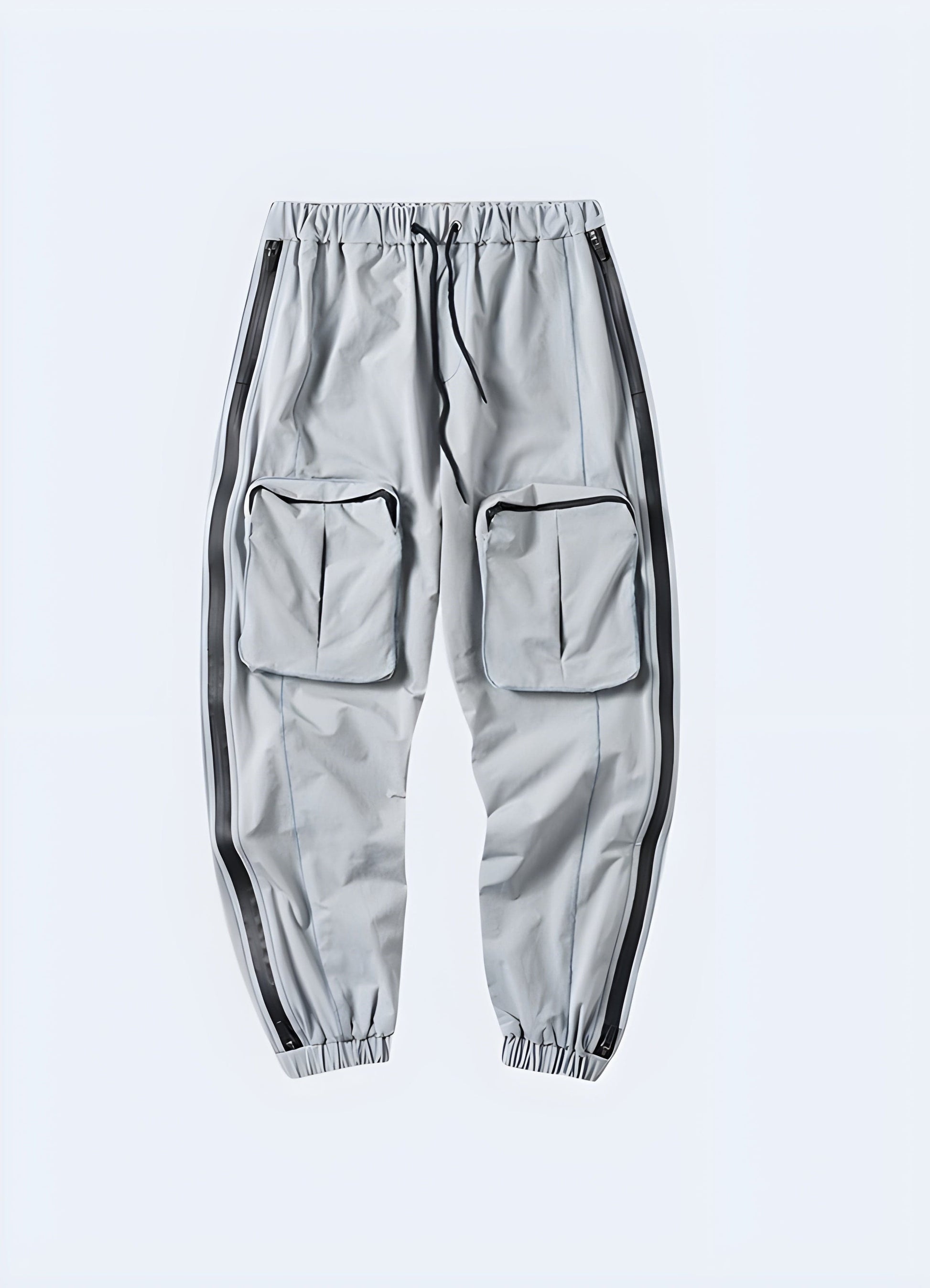 Gray avant-garde cargo pants with eye-catching design features, showcased from the front side view, ideal for UK men's fashion.