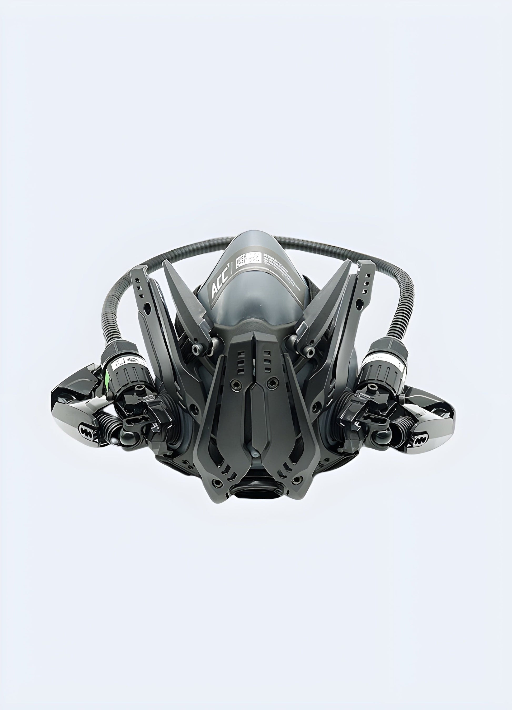 A front-side view of an avant-garde mask, highlighting its unique design and style, available in the UK.