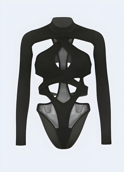 Stylish backless black cut-out bodysuit with a daring design, perfect for UK fashion enthusiasts seeking a bold and trendy look.