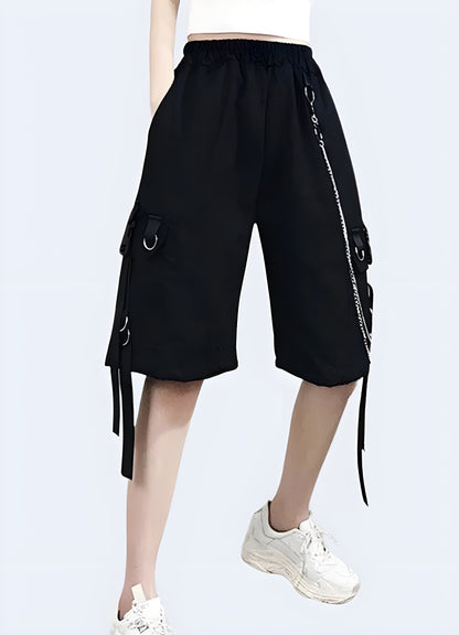 A right front view of innovative, UK-made baggy techwear shorts, displaying the garment's cutting-edge features, relaxed silhouette, and streetwear-inspired aesthetics.