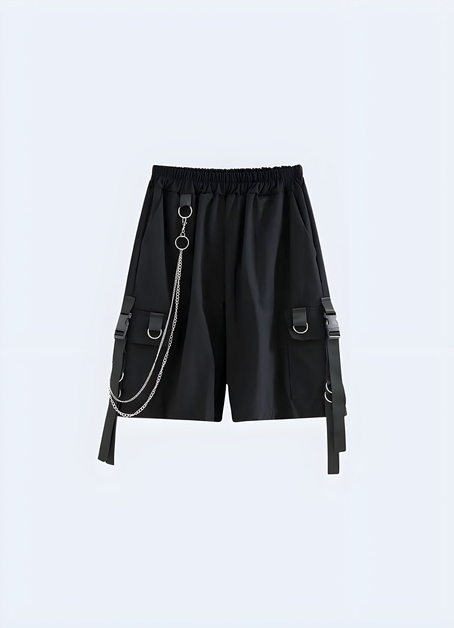 Stylish and comfortable baggy techwear shorts designed in the UK, perfect for urban exploration, streetwear fashion, and functional performance.