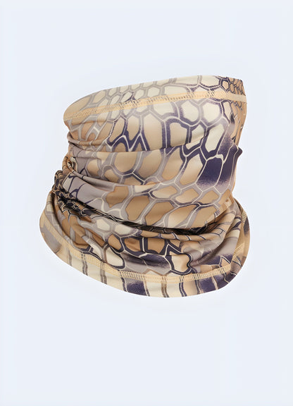 Front view of a beige snake half-face balaclava, providing warmth and protection, available in the UK.